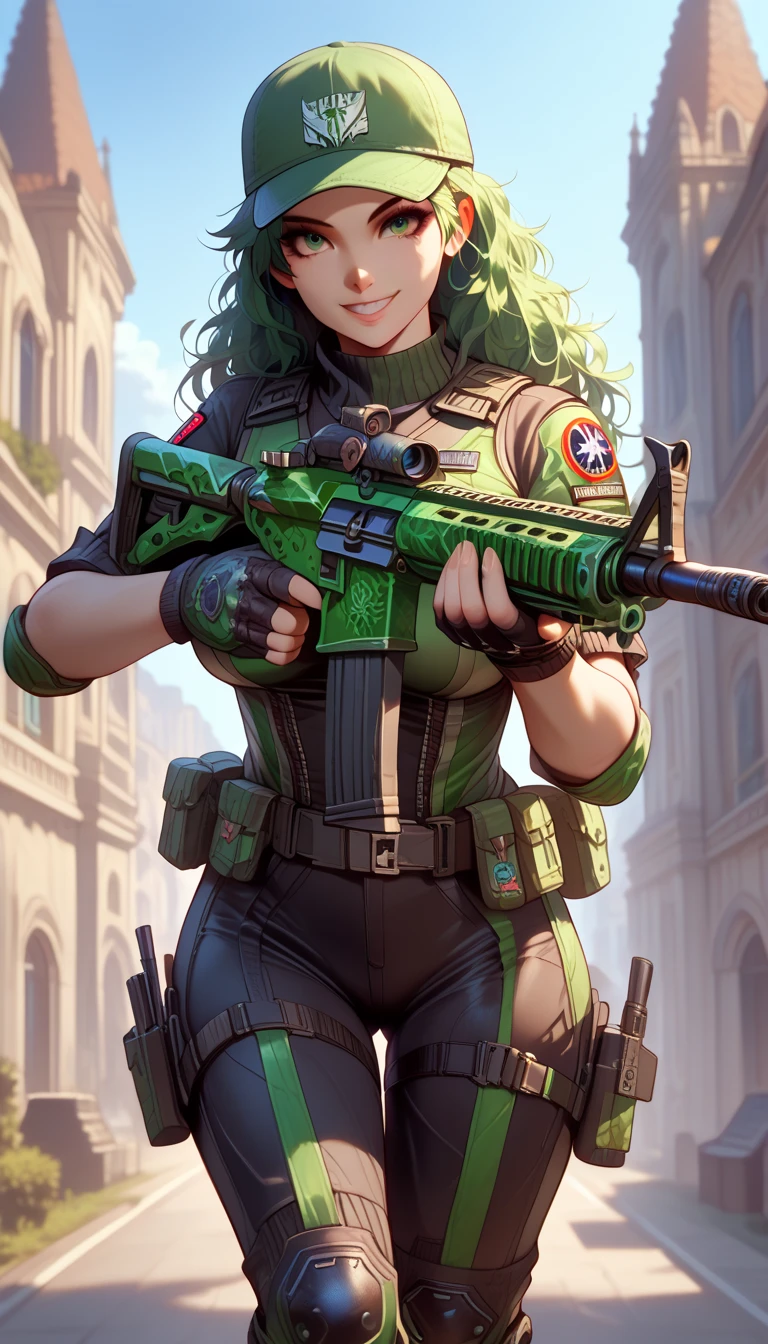 ultra-detailed, 1girl, solo, ((masterpiece)), (best quality), (highres), 16K, green eyes, green hair, long hair, cap, wearing tactical gear, fingerless gloves, tactical belt, knee pads, black thong, boots, busty body, large breasts and a beautiful ass, showcasing cleavage, legs, hips, (holding assault rifle), looking at viewer, smile, detailed face, detailed hair, detailed body, streets background