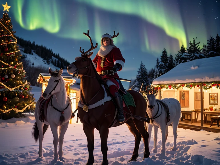 A snowy nighttime fantasy scene featuring three unique warriors standing atop a hill. Above them, the aurora borealis lights up the starry sky in vibrant greens and purples. In the distance, a cozy, snow-covered village is visible with a large, glowing Christmas tree as its centerpiece.

The Santa Warrior wears red armor with intricate white patterns, holding a golden sword that gleams in the soft aurora light. The Elf Mage, clad in green armor with red and white details, summons swirling snowflakes with a candy cane-shaped staff that radiates magical energy. The Reindeer Barbarian, a massive figure in rugged brown armor with antler-like decorations, stands powerfully with a colossal axe resting on the ground, sending cracks through the snowy surface.

The hill is dusted with fresh snow, and the characters' poses exude determination and holiday spirit, their glowing weapons and magic contrasting against the cool, icy landscape.