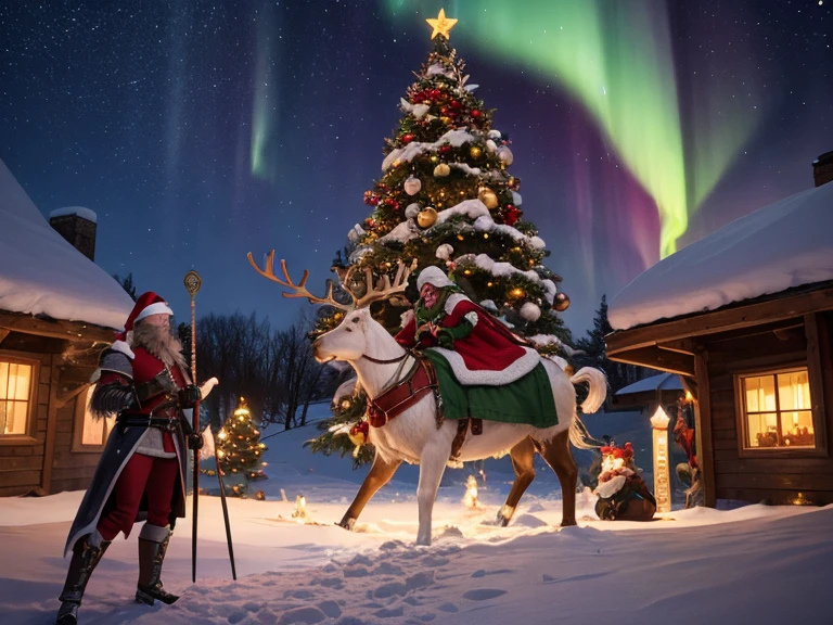 A snowy nighttime fantasy scene featuring three unique warriors standing atop a hill. Above them, the aurora borealis lights up the starry sky in vibrant greens and purples. In the distance, a cozy, snow-covered village is visible with a large, glowing Christmas tree as its centerpiece.

The Santa Warrior wears red armor with intricate white patterns, holding a golden sword that gleams in the soft aurora light. The Elf Mage, clad in green armor with red and white details, summons swirling snowflakes with a candy cane-shaped staff that radiates magical energy. The Reindeer Barbarian, a massive figure in rugged brown armor with antler-like decorations, stands powerfully with a colossal axe resting on the ground, sending cracks through the snowy surface.

The hill is dusted with fresh snow, and the characters' poses exude determination and holiday spirit, their glowing weapons and magic contrasting against the cool, icy landscape.