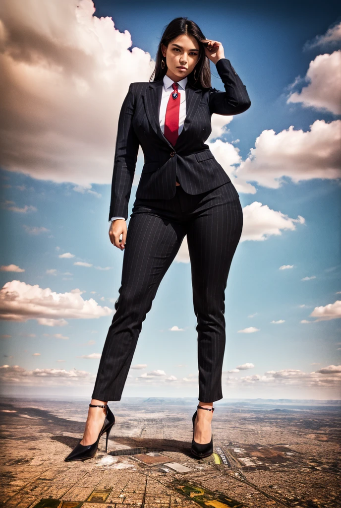 Giantess art, 100 miles tall giga giantess, sophisticated and stylish woman in a light black italian pinstriped trouser suit, form fitting crisp white office shirt, and a large wide red necktie in a windsor knot, with a beautiful, curvaceous figure, large natural breasts, and long wavey blonde hair, with a curvaceous figure and massive breasts. wearing red rounded court high heels with uncovered feet and standing, rampage-like pose, with a cityscape background of mega-city, urban sprawl, and small towns, partially obscured by a hazy, cloudy atmosphere. The image is a high-resolution, masterpiece-quality, cinematic, ultra-detailed, and hyper-photorealistic photograph, with perfect hands, face, and lighting. ultra-detailed, 8K, photo-realistic, hyper-realistic, masterpiece, intricate details, full body view. Looking at camera, The image is a high-resolution, masterpiece-quality, cinematic, ultra-detailed, and hyper-photorealistic photograph, with perfect hands, face, and lighting. ultra-detailed, 8K, photo-realistic, hyper-realistic, masterpiece, intricate details, full body view, view from below