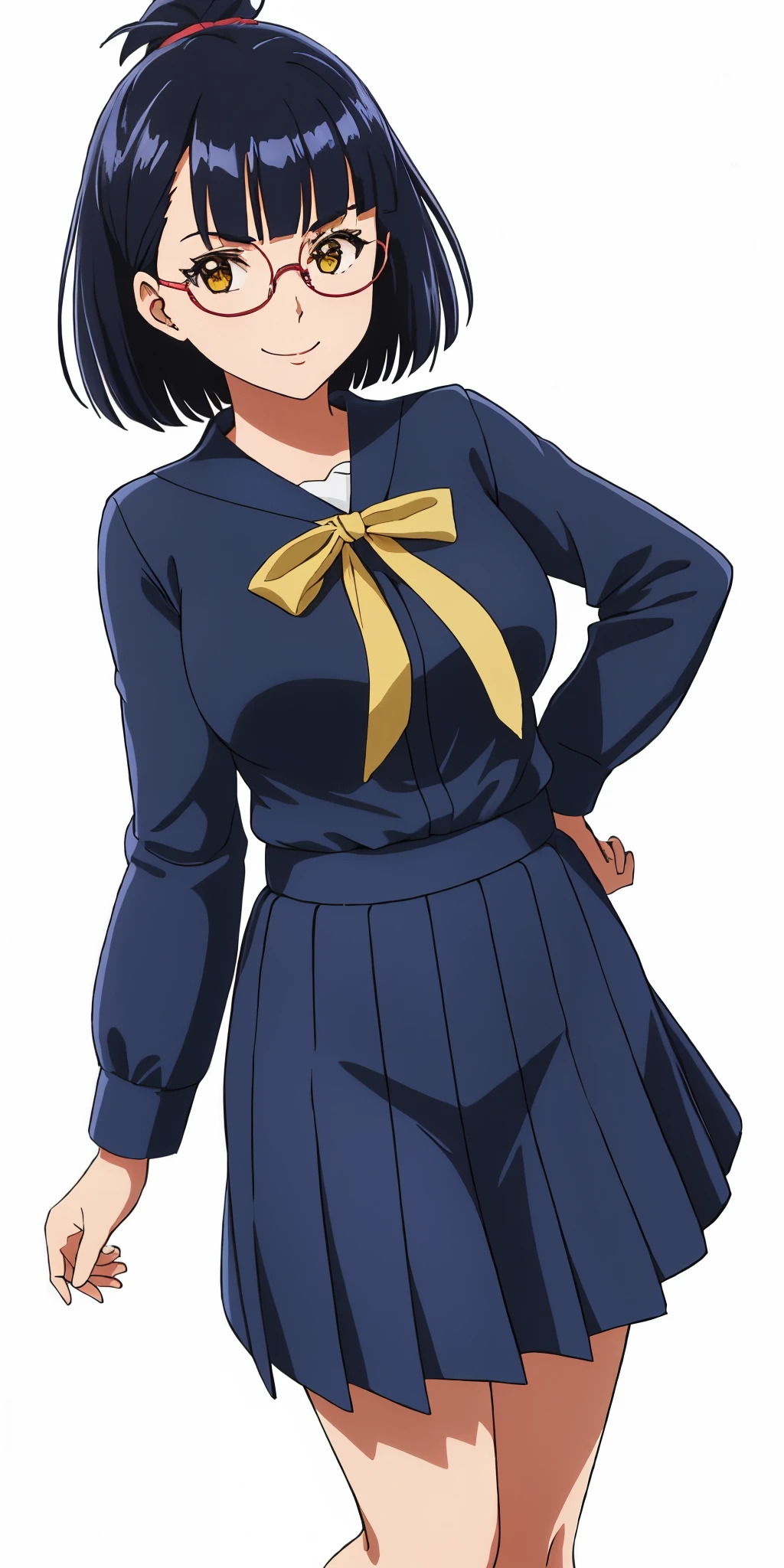 Young woman drawn in 80’s anime art style. 
Retro anime. Vintage Anime. Classical Anime. 
Black Blue HAIR
Top Knot Hime Cut Hair
(Round Glasses)
(Round and Circle eyes)
(Yellow eyes)
(Medium Sized Eyebrows)
(Light Tan Woman)
(Medium Breast)
Seductive Smile

She is wearing a sailor fuku (セーラー服, sērā fuku, sailor outfit) is a common style of uniform worn by women, traditionally by high school female students. 

The uniform generally consists of a blouse attached with a navy blue sailor-style collar and a Dark Navy Blue Sailor Blouse. The length of the long skirt goes down past her ankle.

A ribbon is tied in the front and laced through a loop attached to the blouse. The color is the ribbon is red.

(Dark Navy Blue Sailor Shirt)
(Dark Navy Pleated Skirt)

(Solo)
Location: High School 