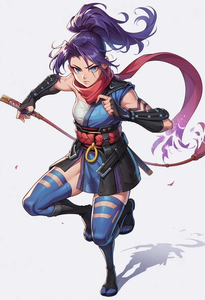 1girl, high ponytail, purple hair, blue eyes, ninja, sleeveless, scarf, asymmetrical clothes, japanese clothes, chest sarashi, obi, o-ring, gauntlets, fingerless gloves, thighhighs, toeless footwear, tabi, looking at viewer, score_9, score_8_up, score_7_up, score_6_up, score_5_up, score_4_up, BREAK source_anime, masterpiece