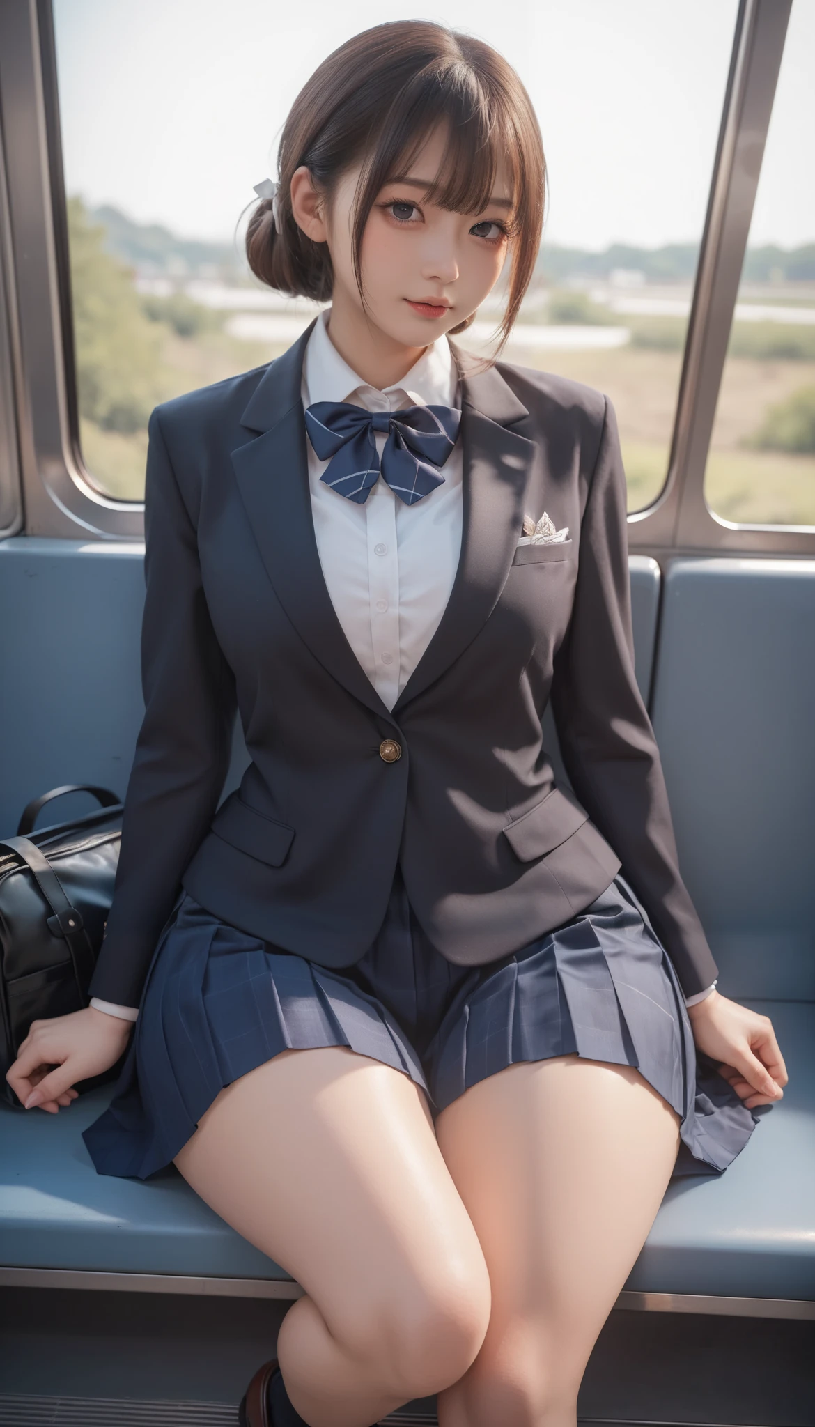 high resolution, 4K, solo, beautiful Japanese  high school girl, detailed eyes,   black blazer, white blouse, a ribbon, pleated skirt, white sox, loafers, brown hair, middle breast, sitting on train seat, (wide hip:1.4), detailed glossy (thick thigh:1.3), focused on skirt, panties slightly visible in dark shadow, both hands on skirt, (from front:1.2), school bag on train seat, by fisheye, perfect lighting, moody lighting,