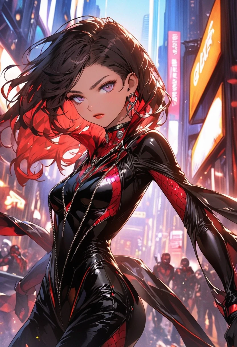 anime panel,upper body, 1girl solo, adult, Korean, black hair,curly hair, with red highlights , red slanted eyes, spy clothes, necklace, city background , angry, fighting pose , looking at the viewer