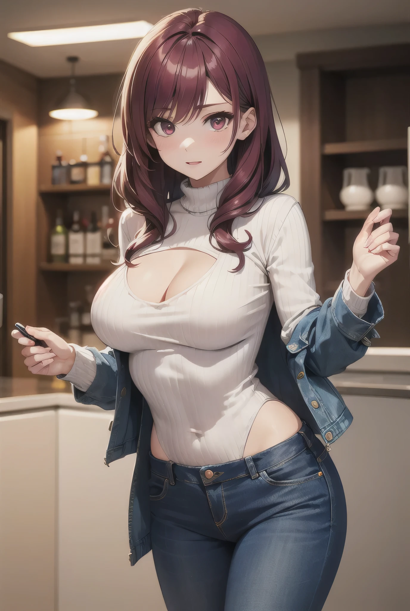 Semi-long, shiny, maroon hair, large breasts, gentle expression, vertical sweater, denim pants, glamorous, cute, open chest 