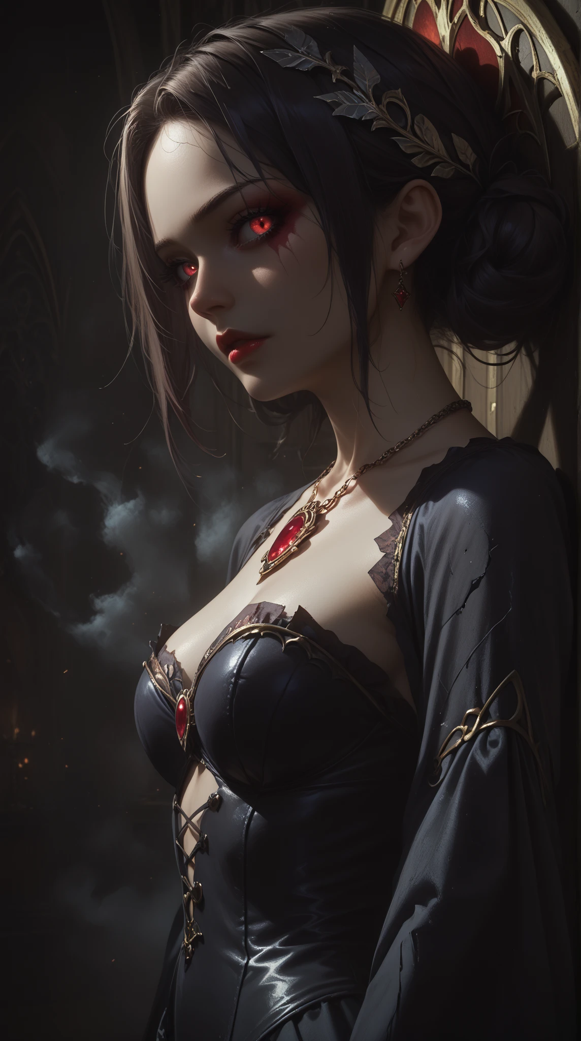 Score_9, Score_8_high, Score_7_high, best quapoty,  highres icon, absurdes, Those_Anime-Series,  1 girl, sarcastic, dnddarkestfantasy, dark, dark fantasy,  Alone, full size ,  look at the viewer ,  detailed background ,  detailed face , (fairy tale, fairy talethema:1.1) Vampir,    Vampire catch , shattered [dark:blue:5] Clothing,  Necklace, brooding , dark expression,  hauntet,  Ethereal aura,  red shine ,  cobwebs,  coffin in the background ,  moonlight sky ,   fog, Shadow,  gothic atmosphere ,,  masterpiece fails, Ultra detailing, Beauty 