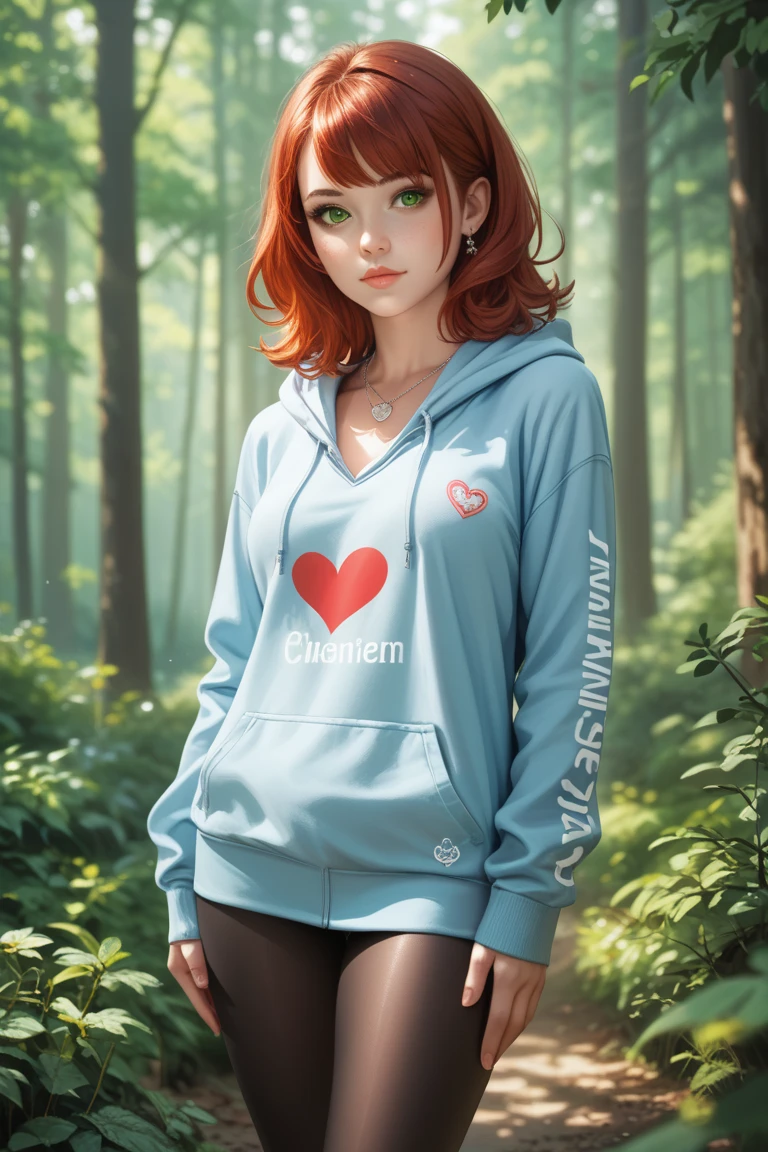 high production value modern fantasy-style candid picture of a young woman in her 30s with fair skin, very light make-up, soft face, straight medium length auburn-red hair, dark green eyes, wearing a modern light blue hoodie, leggings, and small heart-shaped silver necklace, looking over her shoulder, standing in a wintry moonlit forest