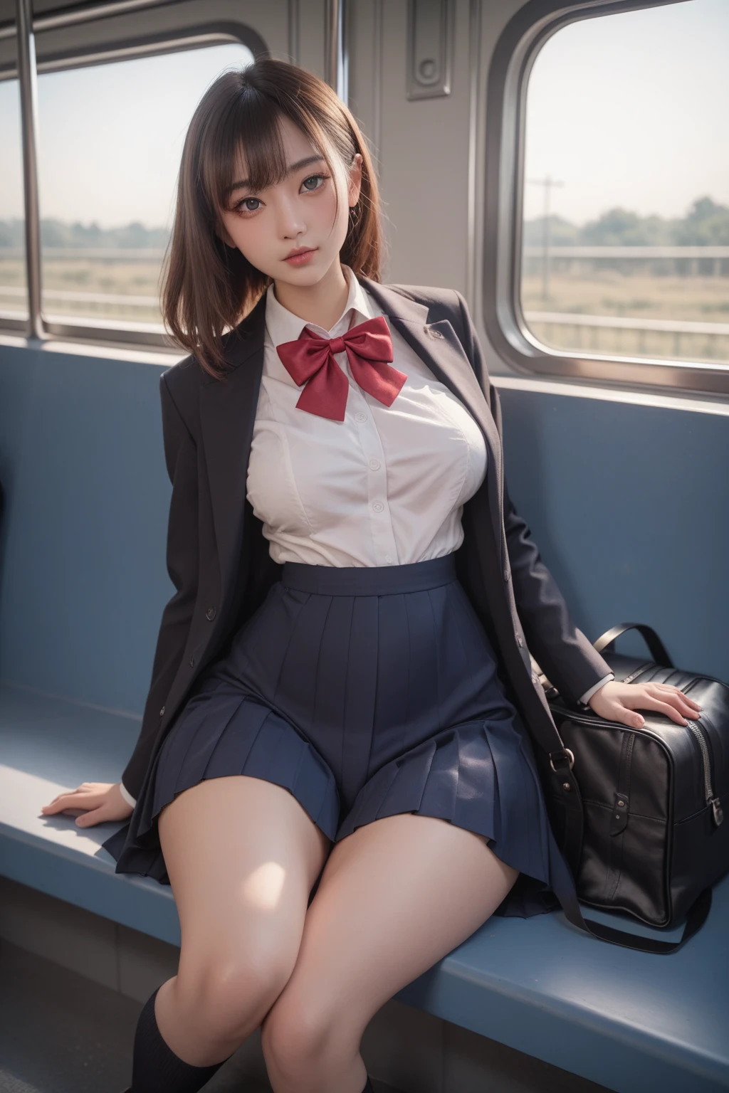 high resolution, 4K, solo, beautiful Japanese  high school girl, detailed eyes,   black blazer, white blouse, a red ribbon, pleated skirt, white sox, loafers, brown hair, middle breast, sitting on train seat, (wide hip:1.4), detailed glossy (thick thigh:1.3), focused on skirt, panties slightly visible in dark shadow, both hands on skirt, (from front:1.2), school bag on train seat, by fisheye, perfect lighting, moody lighting,