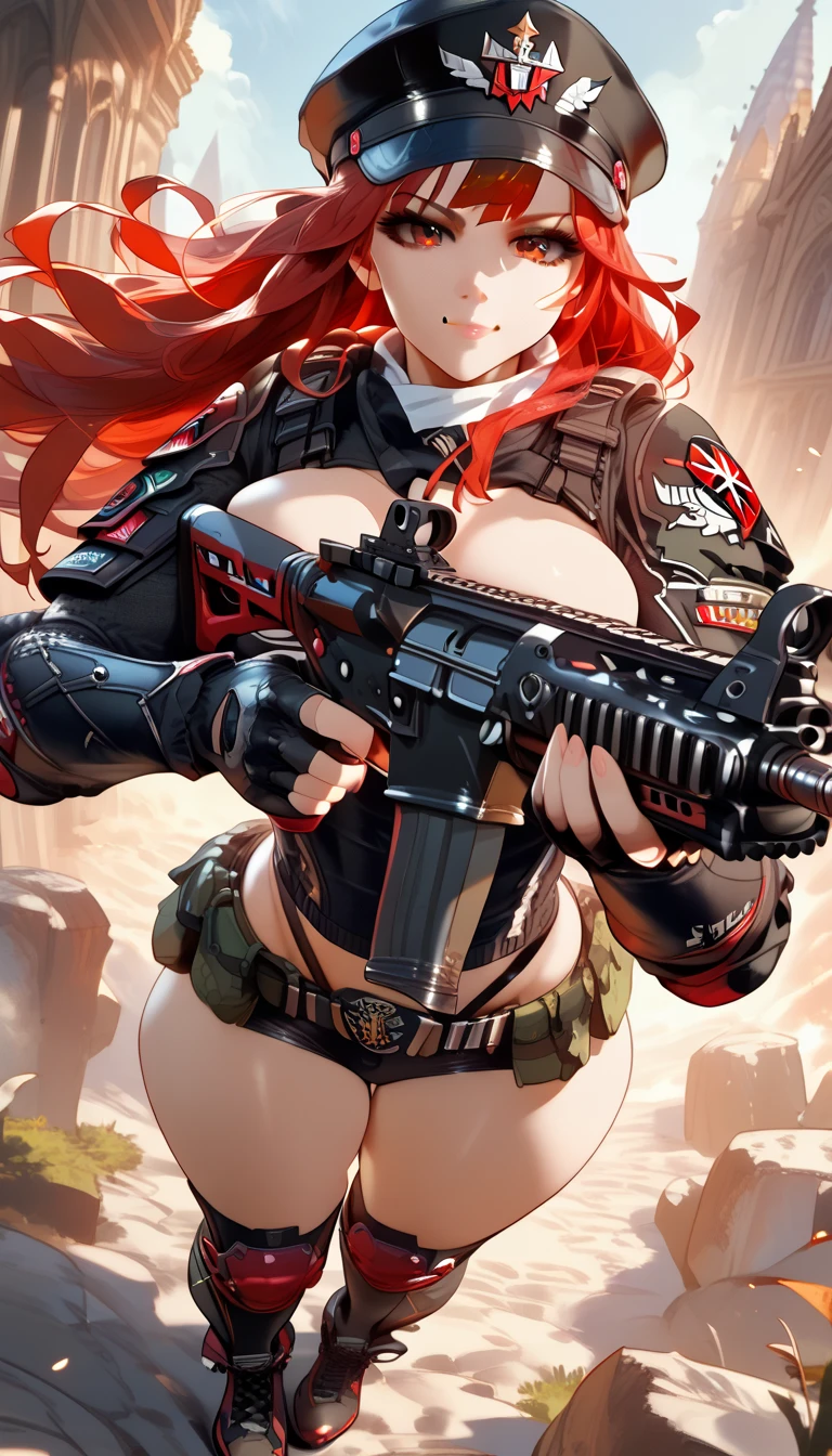 ultra-detailed, 1girl, solo, ((masterpiece)), (best quality), (highres), 16K, red eyes, red hair, long hair, cap, wearing tactical gear, fingerless gloves, tactical belt, knee pads, black thong, boots, busty body, large breasts and a beautiful ass, showcasing cleavage, legs, hips, (holding assault rifle), looking at viewer, smile, detailed face, detailed hair, detailed full body, street background