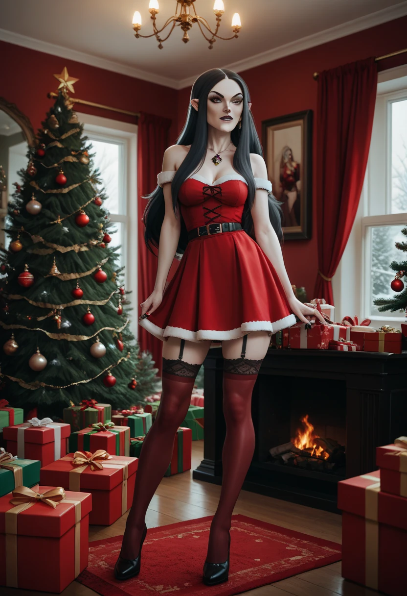 Lillith Clawthorne,  Black hair,  long hair,  in a room,  Christmas dress, skirt ,  supports a gift ,  red thigh socks  ,  garter in each stocking ,  a Christmas tree with gifts in the background. 