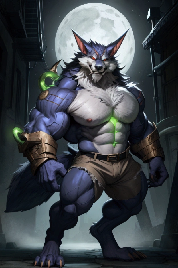 Alone, 1 lobo, Lobisomem eyes,  big wolf tail , eyes, 5 fingers,  nails black claws, golden bracelets ,  FULL BODY SHOWING , (warwick lol), bodybuilder,  detailed muscles ,  defined muscles , Thick muscles,  defined abdomen ,  large upper muscles, very large chest , more robust body ,  large lower muscles ,  well defined thigh muscles,  large defined calves,  big arms ,  8 defined abdomen buds , 2,34 tall, 500kg body weight,  Long legs, long arms,  brown denim shorts ,  red eyes ,  pupils white,  detailed eyes , detailed teeth, Teeth resolution, trusting, pose sexy,  looking at the viewer , olhar trusting, Smile half open, detailed teeth,  eyes kinda tight with horny , spectator wearing a ripped , 88 tall ,  background city of Arcane at night, take the key,  a bit of mysterious fog , moonlight, take the key, 4K,  good resolution ,  perfect anatomy ,  great quality , masterpiece,  good lighting , imposing shadows, por hachi duchi, for darkgem, por racoon21, front focus, low angle