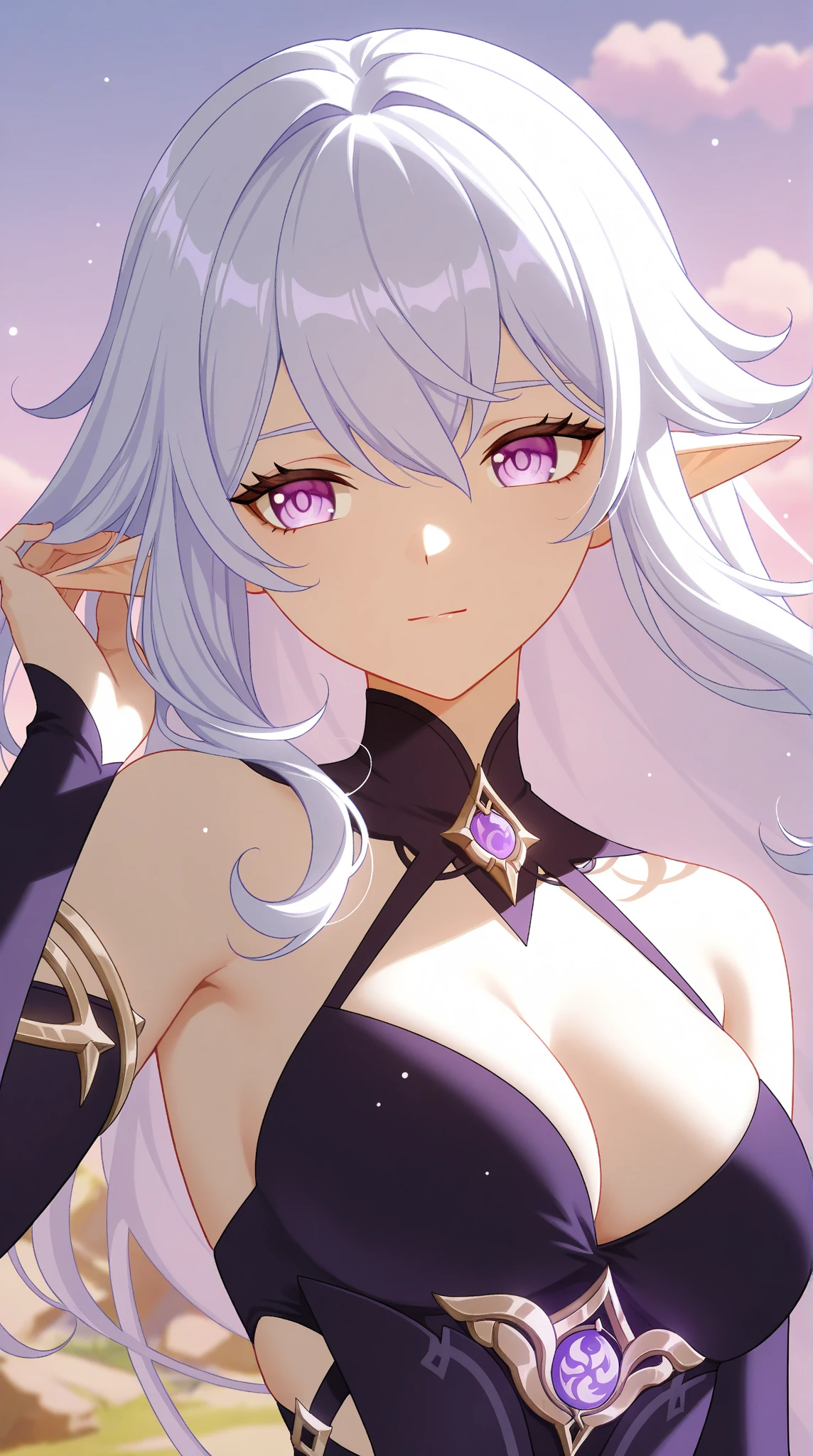 beautiful, (masterpiece:1.2), (best quality:1.2), perfect eyes, perfect face, perfect lighting, 1girl, look at the viewer, (ahegao:0.5), sexy pose、dark elf、body muscles、(full shot)、((gal fashion)),sexy dancer clothes, sexy dress , purple eyes, dark blue colour heir, sexy body, black nailpolish, showing her long finger nails to the viewers , pink background, long finger nails , visible nipples , dark elf, dark skin colour