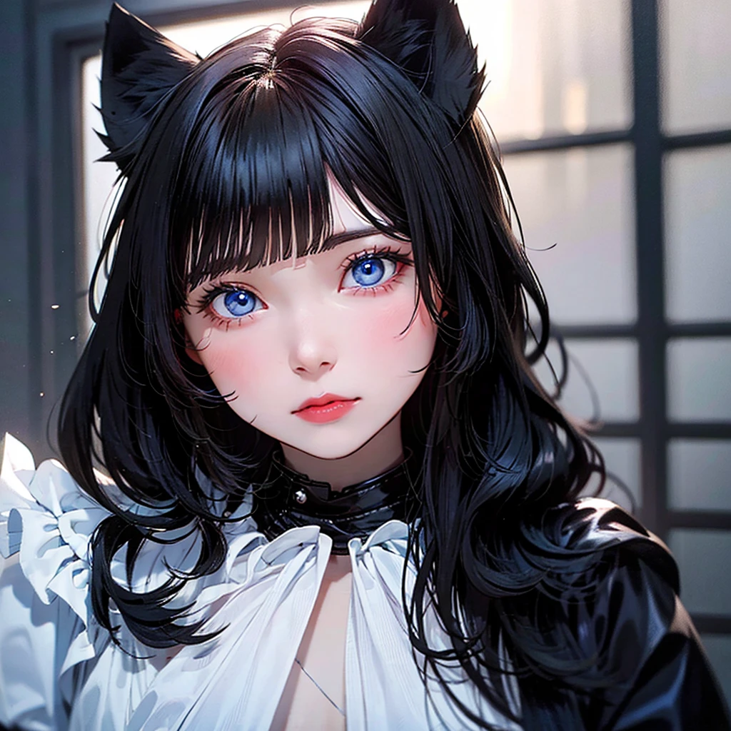 white woman, crystal blue eyes ,  long wavy black hair, black wolf ears .