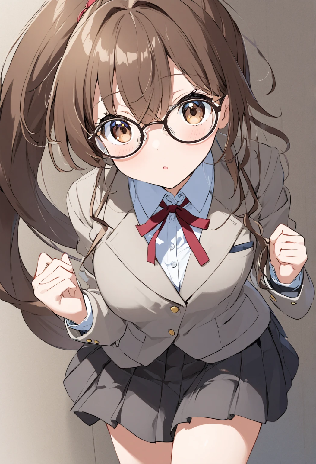 YR, 1girl, solo, upper body, portrait, sticker blush, smile, looking at viewer, glasses, long skirt, coat, vest, ribbon, long sleeves, messy hair, fine detail, perfect quality, good quality, masterpiece, HDR, UHD full body, refsheet, flipflops,  huge breast, thigh　ミニスカート　mini skirt　micro skirt　ミニスカート　mini skirt　micro skirt　ボトムを持ち上げる