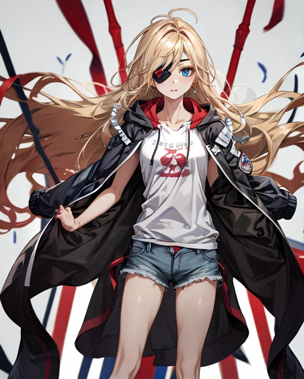 (masterpiece), best quality, expressive eyes, highres, anatomically correct, 1girl, perfect face, perfect hands, female, long hair, fair skin, medium chest, cowboy shot, half body, perfect anatomy, ashy blonde colored hair, adult female, mature female, attractive, unique two tone hair, long hair, flowing hair, wearing an eyepatch, strong, soldier, messy hair, full body shot, cowboy shot, symmetrical features, friendly, sarcastic, fun, hero, unique, t-shirt, gray shorts, long jacket, (black hoodie), flowing clothes, flowing hair, wind, windy, hands in pockets, blue eyes, hair over shoulders, laid back, confident, bianka durandal ataegina, two arms, perfect anatomy,