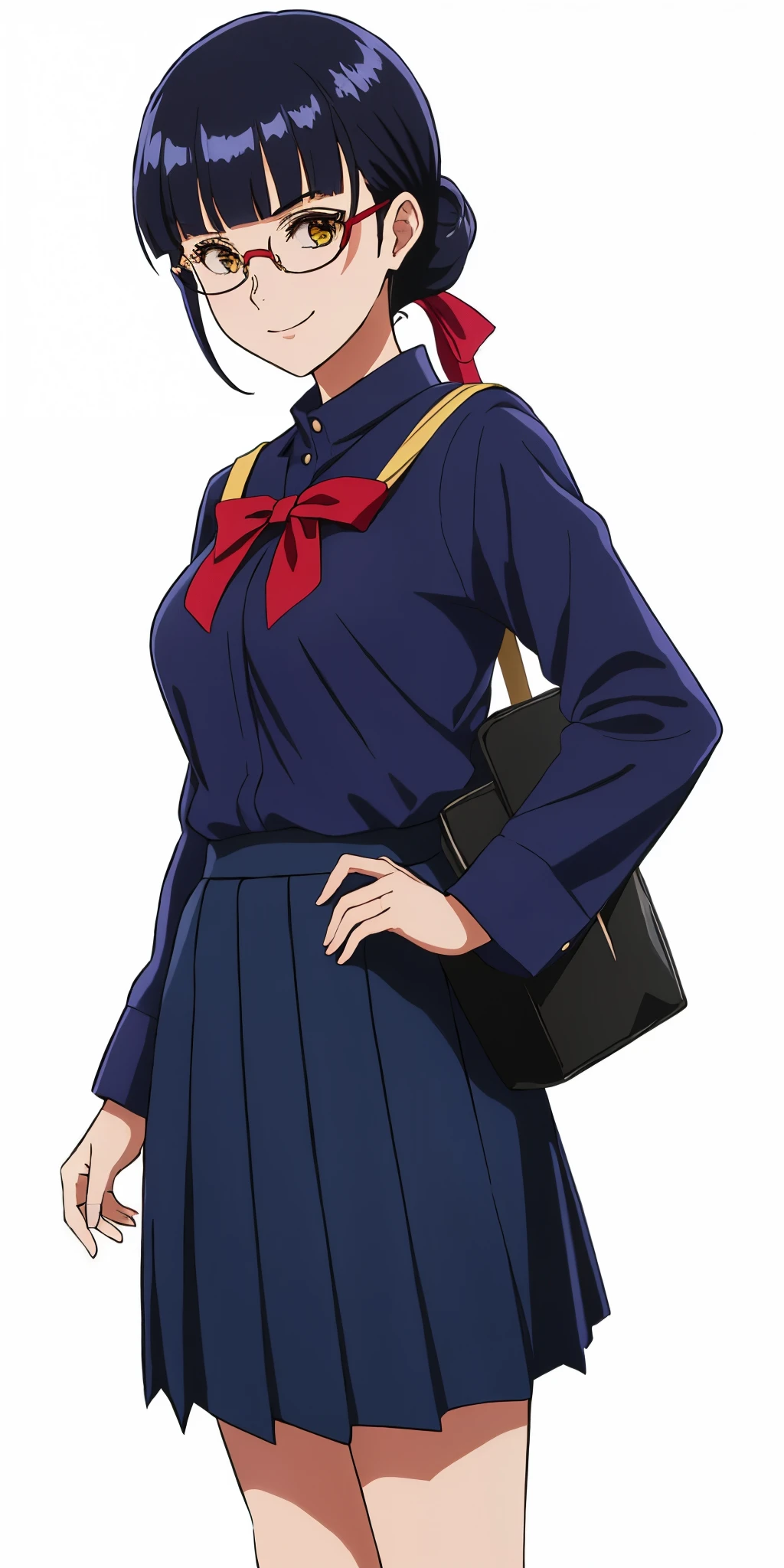 Young woman drawn in 80’s anime art style. 
Retro anime. Vintage Anime. Classical Anime. 
Black Blue HAIR
Top Knot Hime Cut Hair
(Round Glasses)
(Round and Circle eyes)
(Yellow eyes)
(Medium Sized Eyebrows)
(Light Tan Woman)
(Medium Breast)
Seductive Smile

She is wearing a sailor fuku (セーラー服, sērā fuku, sailor outfit) is a common style of uniform worn by women, traditionally by high school female students. 

The uniform generally consists of a blouse attached with a navy blue sailor-style collar and a Dark Navy Blue Sailor Shirt. The length of the long skirt goes down past her ankle.

A ribbon is tied in the front and laced through a loop attached to the sailor outfit. The color is the ribbon is red.

(Dark Navy Blue Sailor Shirt)
(Dark Navy Pleated Skirt)

(Solo)
Location: High School 