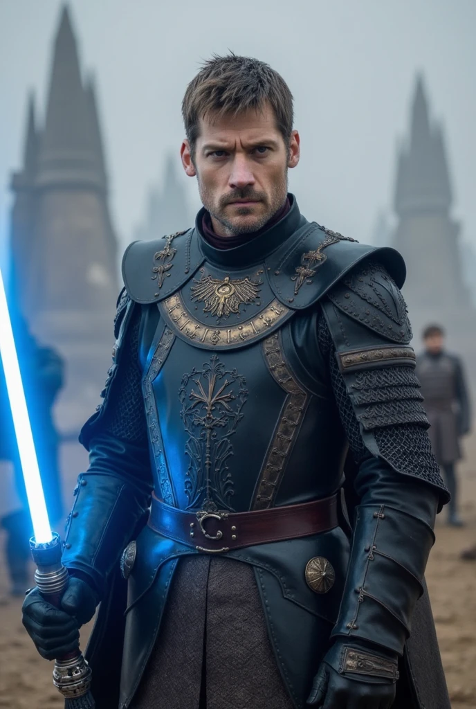 Jaime Lannister, holding a blue lightsaber 