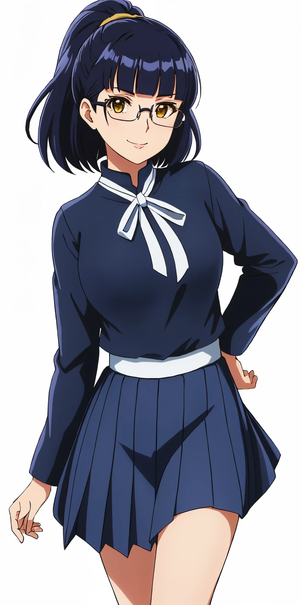 Young woman drawn in 80’s anime art style. 
Retro anime. Vintage Anime. Classical Anime. 
Black Blue HAIR
Top Knot Hime Cut Hair
(Round Glasses)
(Round and Circle eyes)
(Yellow eyes)
(Medium Sized Eyebrows)
(Light Tan Woman)
(Medium Breast)
Seductive Smile

She is wearing a sailor fuku (セーラー服, sērā fuku, sailor outfit) is a common style of uniform worn by women, traditionally by high school female students. 

The uniform generally consists of a blouse attached with a navy blue sailor-style collar and a Dark Navy Blue Sailor Blouse. The length of the long skirt goes down past her ankle.

A ribbon is tied in the front and laced through a loop attached to the blouse. The color is the ribbon is red.

(Dark Navy Blue Sailor Shirt)
(Dark Navy Pleated Skirt)

(Solo)
Location: High School 