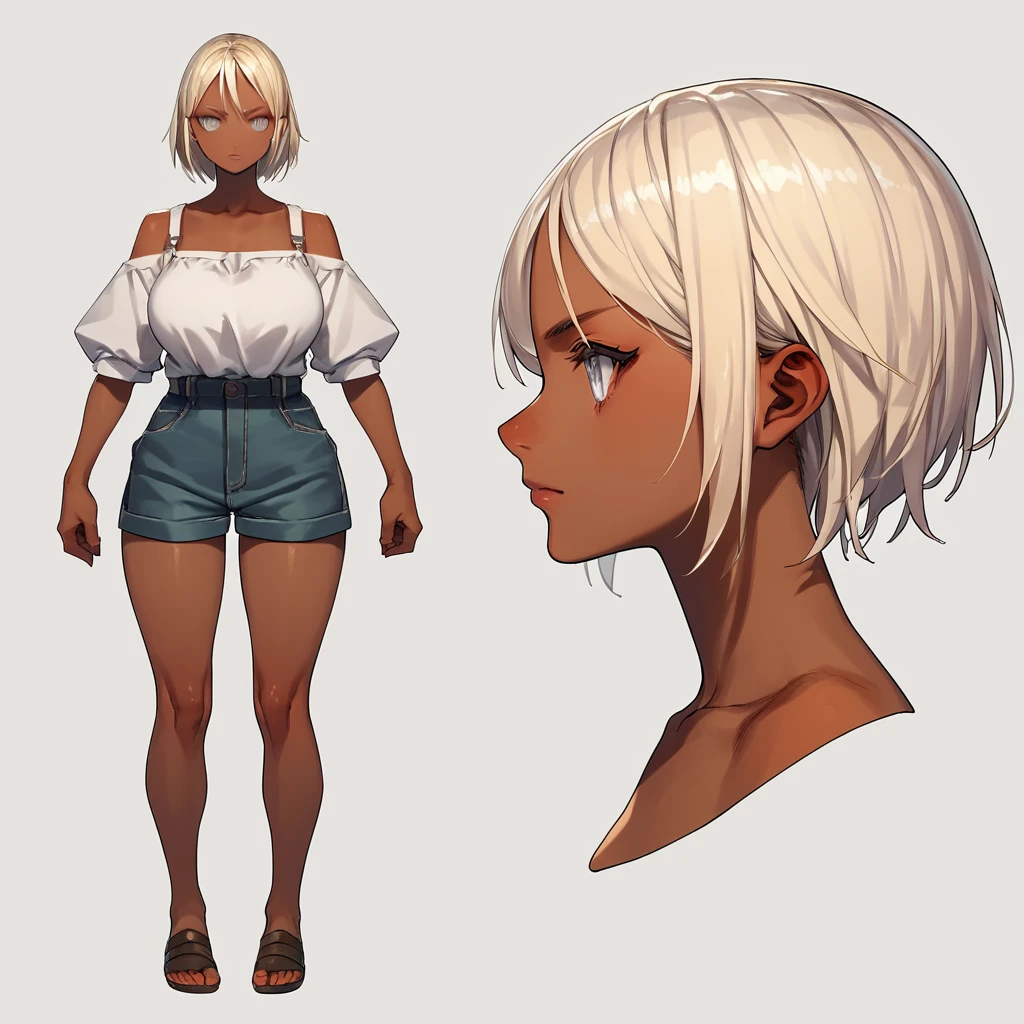 score_9, score_8_up, score_7_up, score_6_up, score_5_up, score_4_up, BREAK source_anime, frond an side, multiple views, front and side, headshot, 1girl, silver eyes, long blonde hair, big breasts, strong body, full body, long thick legs , dark skin