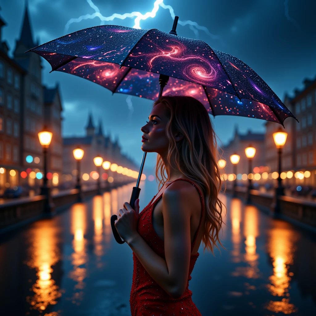 photorealistic Close-up half-body shot of a beautiful blonde model standing under a huge storm with lots of rain and lightning in the sky, holding an umbrella simulating the design of a starry night with thousands of stars and galaxies. The model poses in a stunning red dress, against the background of a beautifully lit cityscape at night, showing vibrant lights and reflections on wet surfaces. 8K Resolution