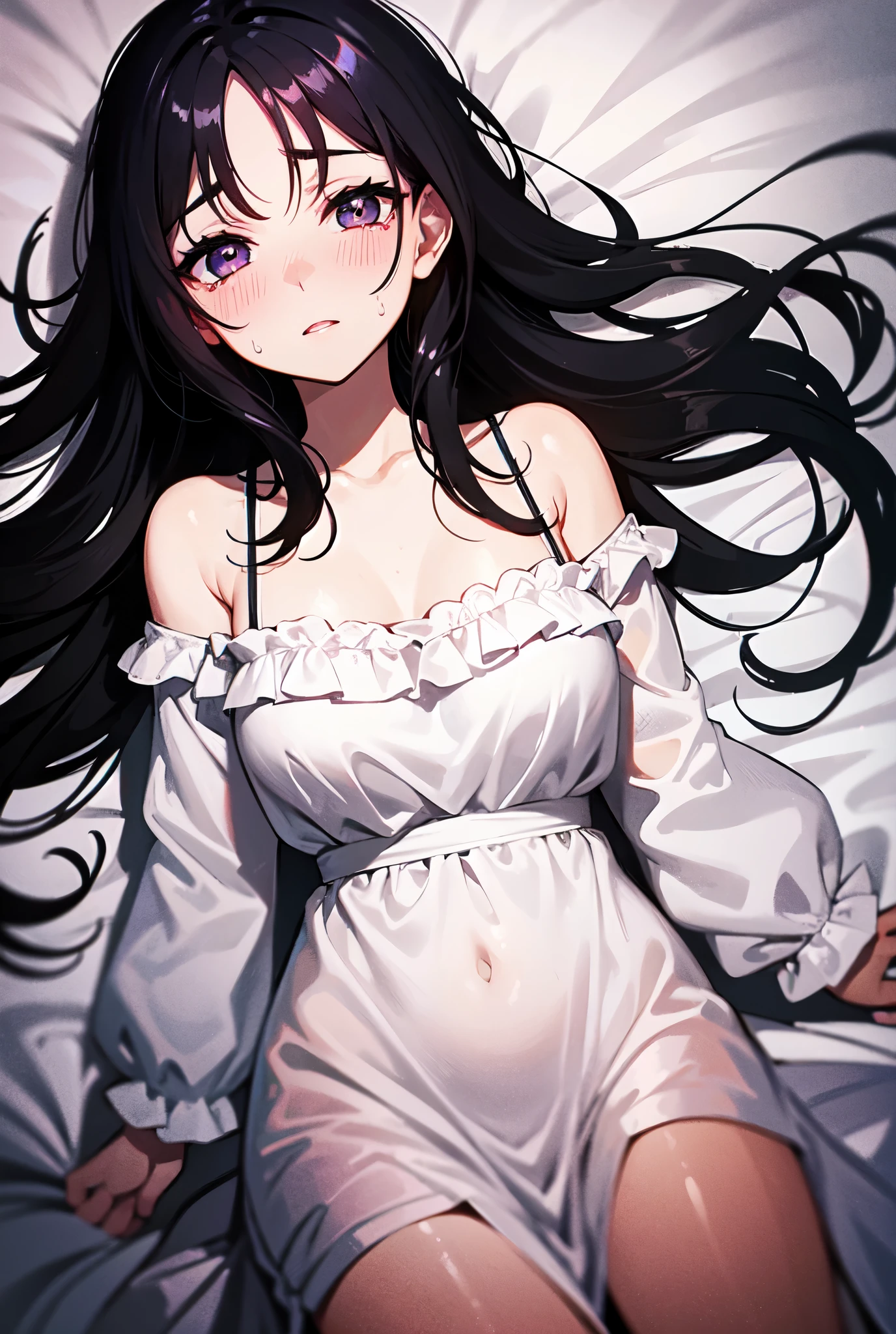 dress lying in bed Black Hair dark eyes crying drool woman angle from above sweat blush