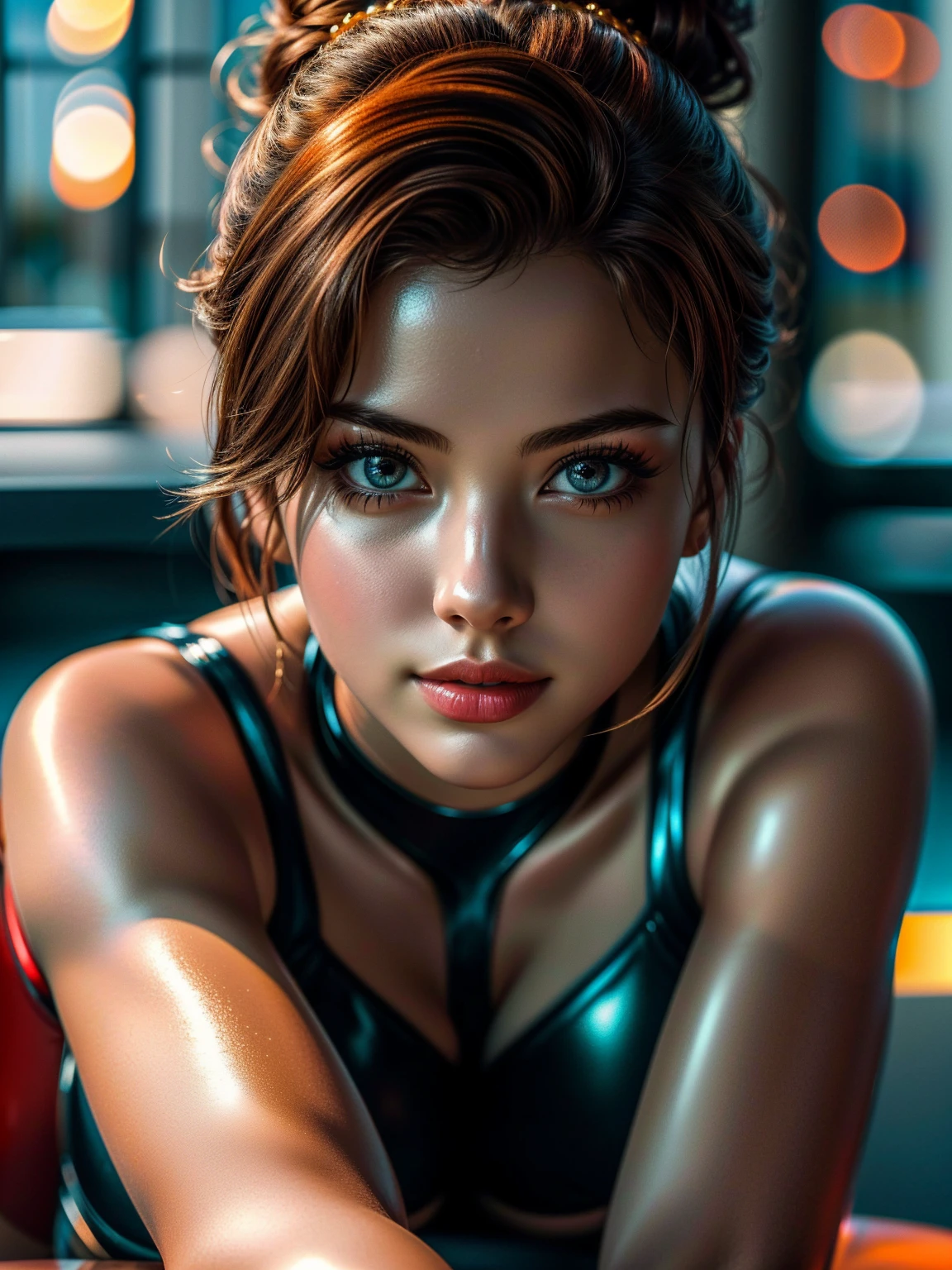 top quality, future world, State-of-the-art robot, Beautiful Woman, flying hair, Transformed into a cyborg except for the face, Transformed into a cyborg except for the shoulder, sexy images, whole body photo, (((pool party, wine on table, wine, balloons, bulbs, disco)))