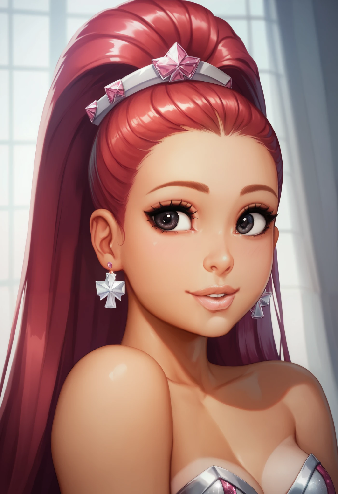 One girl, Ariana Grande lookalike, beautiful face, detailed face, young girl, soft skin, big eyes, small nose, beautiful lips, round face, blushed, staright bangs, long hair, white tanned skin, crimson red hair, dark black eyes, medium breasts, sweet shy looking aside, strapless neckline, violet sequins dress, sweet shy smile looking aside,
