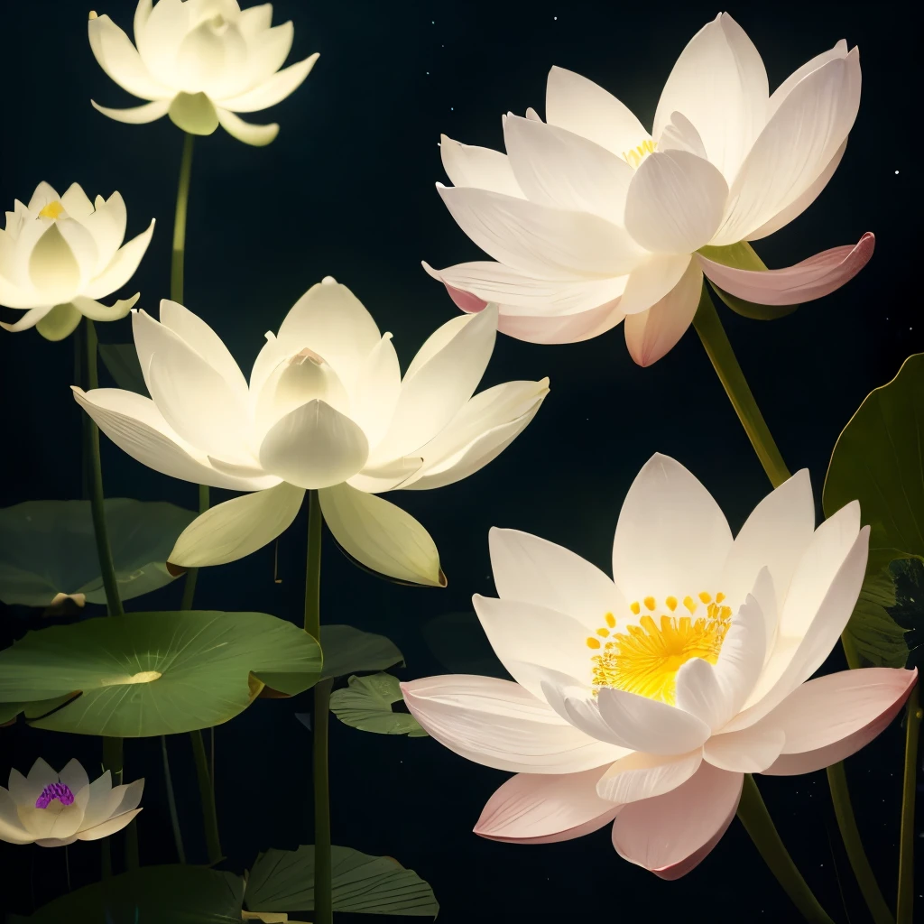 there are many white flowers that are glowing in the dark, an airbrush painting by Li Song, tumblr, psychedelic art, beautiful flowers and crystals, glowing flowers, beautiful!!! digital art, magical flowers, luminous flowers, surreal waiizi flowers, with lotus flowers, magical colorful flowers, beautiful depiction, ethereal!!! ultra realistic, glowing delicate flower, lotus flowers