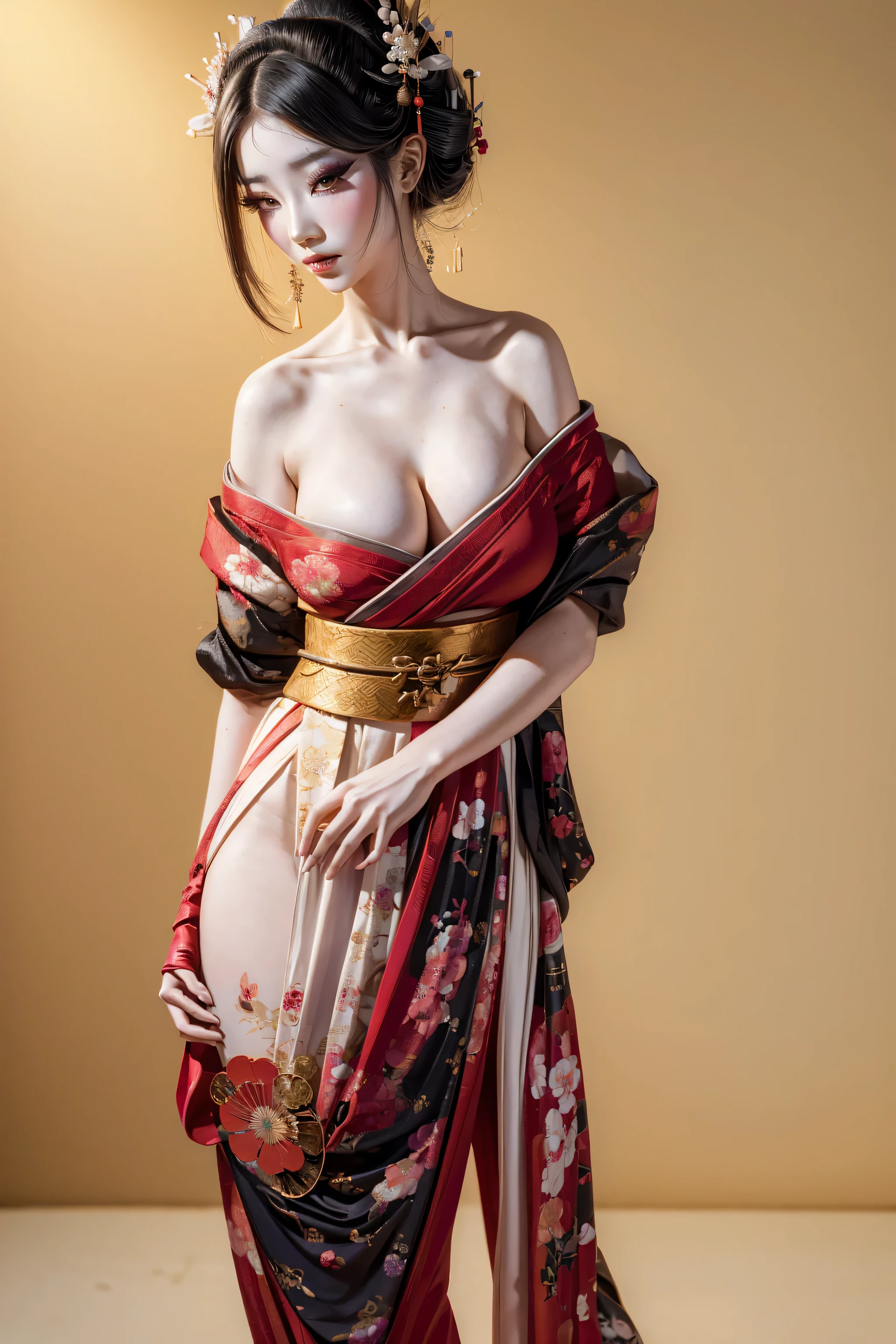 ultra high resolution、sexy uma linda warrior、accurate anatomy、pretty face、Delicious Company、fascinating figure、sexyなopen kimono、Bewitching、sexy、eros、big breasts、I can see the cleavage、sexy thighs、One thigh is raw、open kimono、long legs、white tabi socks、The artwork is created in a medium reminiscent of Japanese ink painting、Japanese painting、Bold strokes and monochromatic color palette、 Artist&#39;s outstanding technique、Best quality for image presence strength and power、 Precisely expresses the texture and intricate patterns of the kimono、Proof of the highest quality、drama style proof、 Typically、Artwork of elegance and strength、traditional Japanese aestheticodern atmosphere、 monochromatic color palette、Combine details、Paintings that captivate viewers、