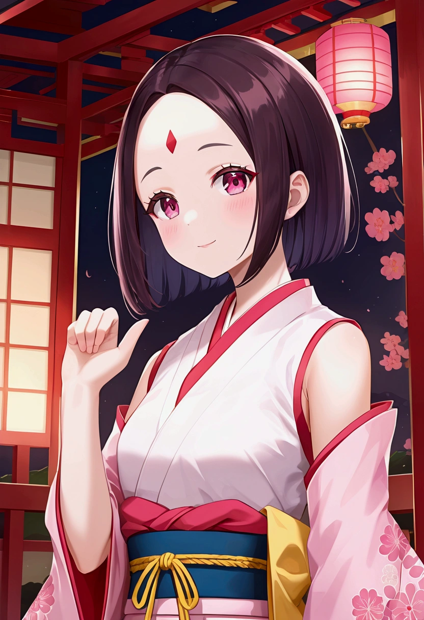 Japanese painting, cute woman, pink shining glossy silky bob cut, forehead, vivid and seductive expression, pink long thick eyelashes, superlative great body proportion, one hand raised high, wearing loose red and white sleeveless Japanese shrine maiden costume, background iridescent colorful, copper plated and dull silver room, ultra detailed, absolutely resolution, masterpiece