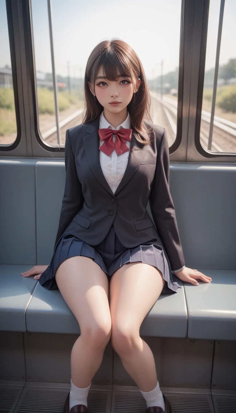 high resolution, 4K, solo, beautiful Japanese  high school girl, detailed eyes,   black blazer, white blouse, a red ribbon, pleated skirt, white sox, loafers, brown hair, middle breast, sitting on train seat, (wide hip:1.4), detailed glossy (thick thigh:1.3), focused on skirt, panties slightly visible in dark shadow, both hands on skirt, (from front:1.2), school bag on train seat, by fisheye, perfect lighting, moody lighting,