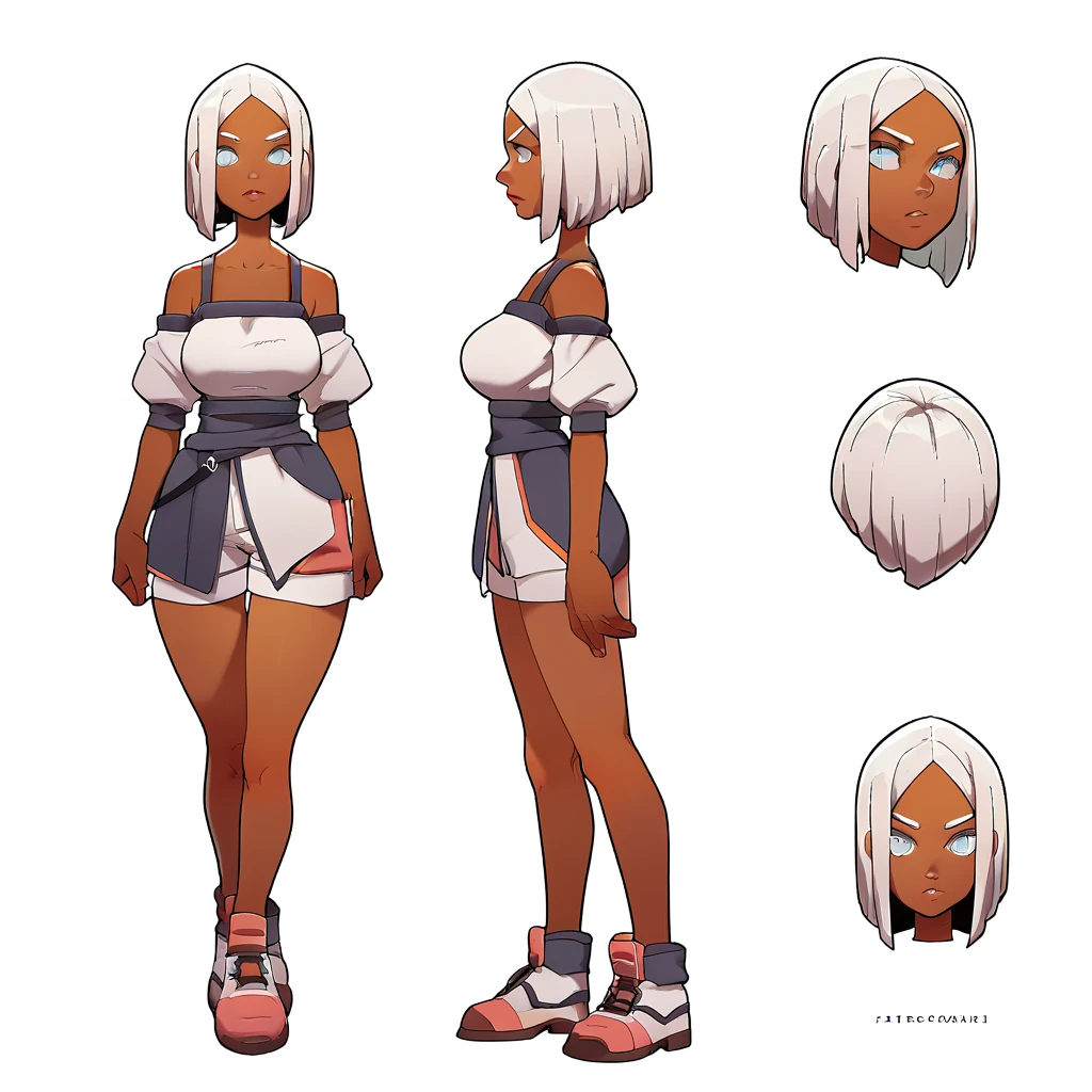 score_9, score_8_up, score_7_up, score_6_up, score_5_up, score_4_up, BREAK source_anime, frond an side, multiple views, front and side, headshot, 1girl, silver eyes, long blonde hair, big breasts, strong body, full body, long thick legs , dark skin