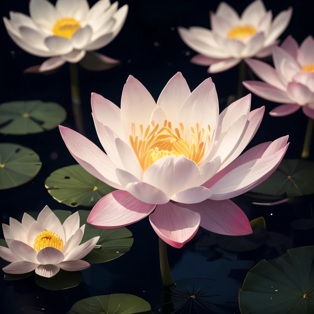 there are many white flowers that are glowing in the dark, an airbrush painting by Li Song, tumblr, psychedelic art, beautiful flowers and crystals, glowing flowers, beautiful!!! digital art, magical flowers, luminous flowers, surreal waiizi flowers, with lotus flowers, magical colorful flowers, beautiful depiction, ethereal!!! ultra realistic, glowing delicate flower, lotus flowers