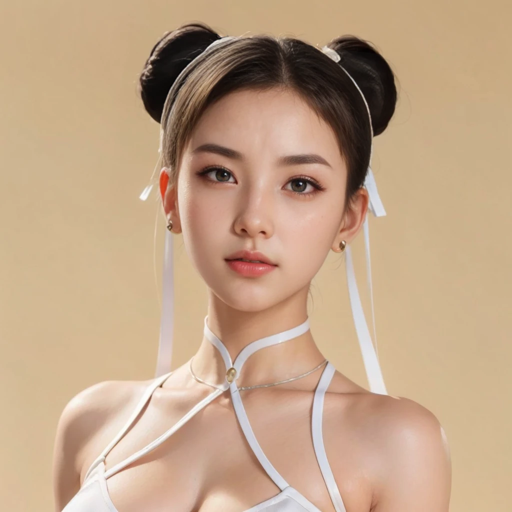 Chun Li, (best qualityer,ultra details),(realisitic:1.37), beautiful and detailed face, ultra-realisitic texture, Exquisite face, athletic body, bright coloured. High definition, 8k, wearing red lipstick, rosy cheeks. expression with a sexy look.