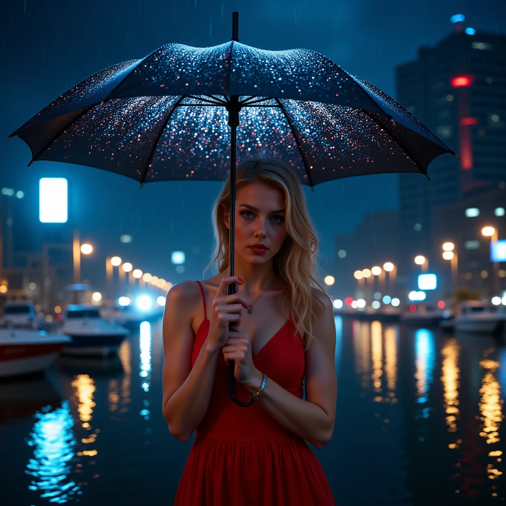 photorealistic Close-up half-body shot of a beautiful blonde model standing under a huge storm with lots of rain and lightning in the sky, holding an umbrella simulating the design of a starry night with thousands of stars and galaxies. The model poses in a stunning red dress, against the background of a beautifully lit cityscape at night, showing vibrant lights and reflections on wet surfaces. 8K Resolution