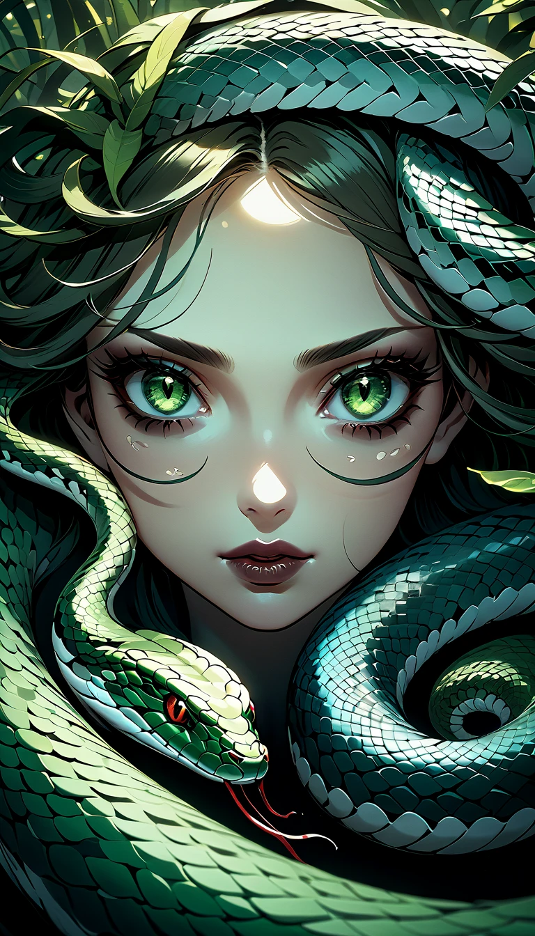 beautiful detailed eyes, beautiful detailed lips, extremely detailed eyes and face, long eyelashes, 1girl, snake woman, cobra, greenish skin, crawling on the ground, surreal, fantasy, dark, dramatic lighting, cinematic, gloomy, moody, chiaroscuro, deep shadows, dramatic contrast, haunting, mysterious, mesmerizing, hypnotic, (best quality,4k,8k,highres,masterpiece:1.2),ultra-detailed,comic style:1.37),dramatic atmosphere, cinematic composition, sinister, unsettling, ominous