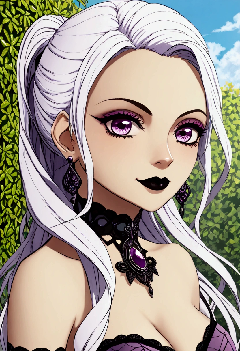 (masterpiece, best quality:1.3), Charmcaster, upper body, arms behind back, purple dress, cleavage, bare shoulders, strapless, sleeveless, very long hair, Low ponytail, white hair, bangs, solo, black lipstick, purple eyes, eyeliner, smirk, black choker, looking at viewer, outdoors, (detailed, highres:1.4), purple IncursioDipDyedHair, ben10af