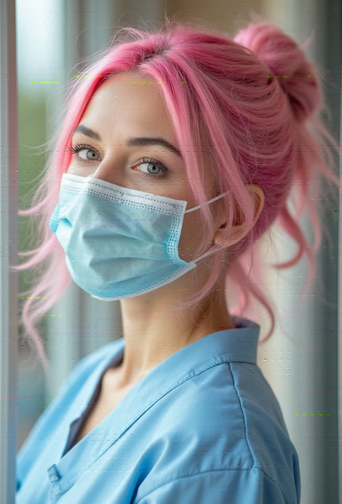 realistic photo of a pink-haired woman, beautiful detailed eyes, beautiful detailed lips, extremely detailed facial features, thin eyebrows, thin nose, wearing nurse uniform with mask, full body shot, natural lighting, high resolution, photo-realistic, cinematic composition, warm color palette, soft shadows, depth of field, 8k, best quality