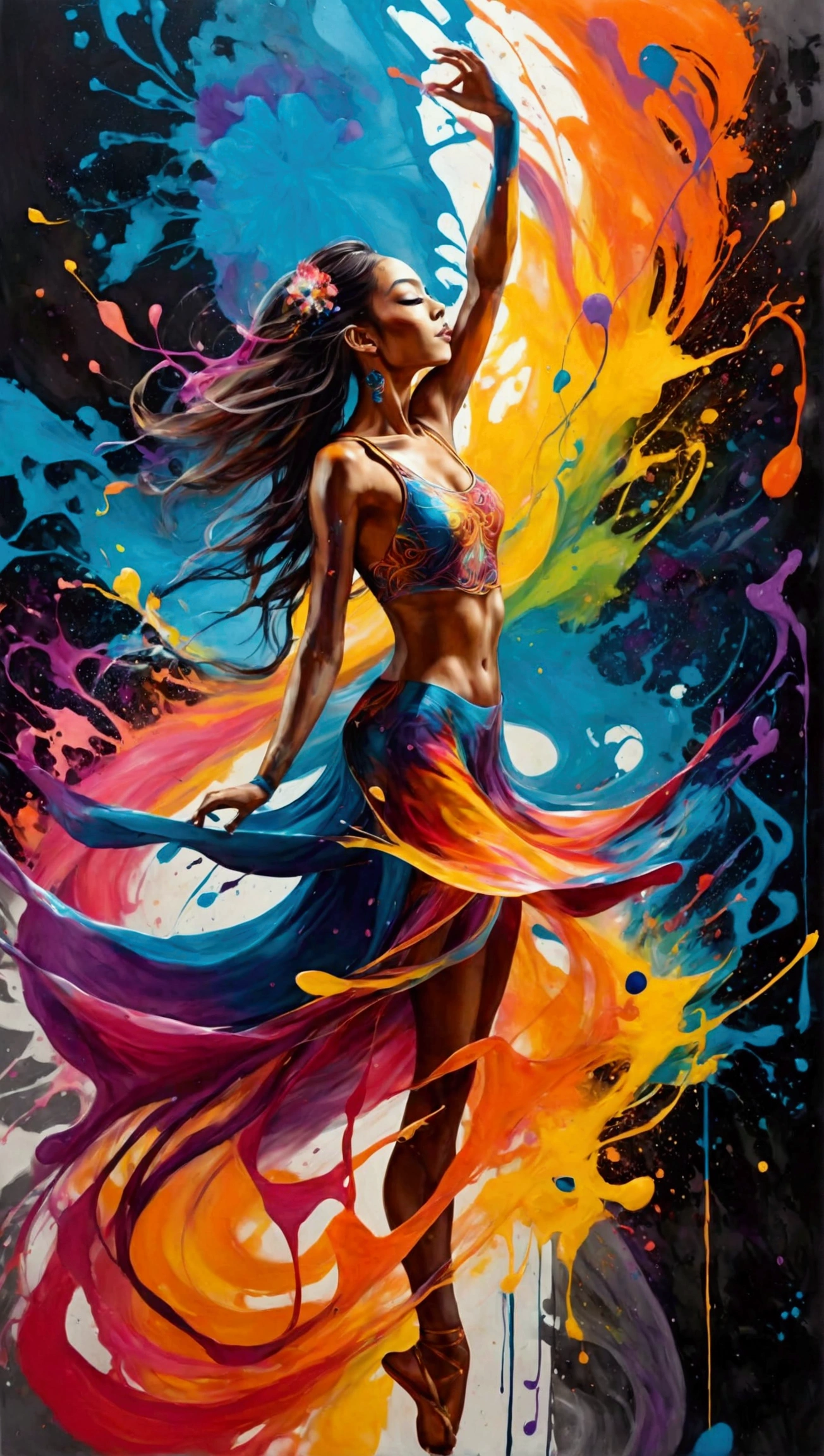 A mesmerizing, surreal ink splatter painting of a dancer suspended mid-air, gracefully captured in a moment of pure motion. The scene is enveloped in a swirling vortex of vibrant musical notes that flow like liquid, creating an ethereal atmosphere. The artwork features 8K resolution and hyper-detailed textures, blending elements of graffiti art and splash art with a street art vibe. The dancer is adorned in flowing, colorful attire that seems to dissolve into the background, merging with the high-contrast, polychromatic hues. The use of oil gouache and acrylic creates a melting effect, adding depth and fluidity to the composition. This ultra-detailed masterpiece exudes a sense of dynamism and dreaminess, inviting viewers into a world of artistic expression.