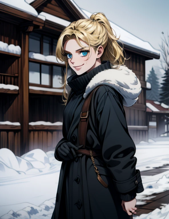 (( very detailed , Art board,  absurdity ))
 HGFiona,  one girl, blond hair,  blue eyes , Hot in a world of snow,  Cowboy shoot, winter clothes,  smiles 