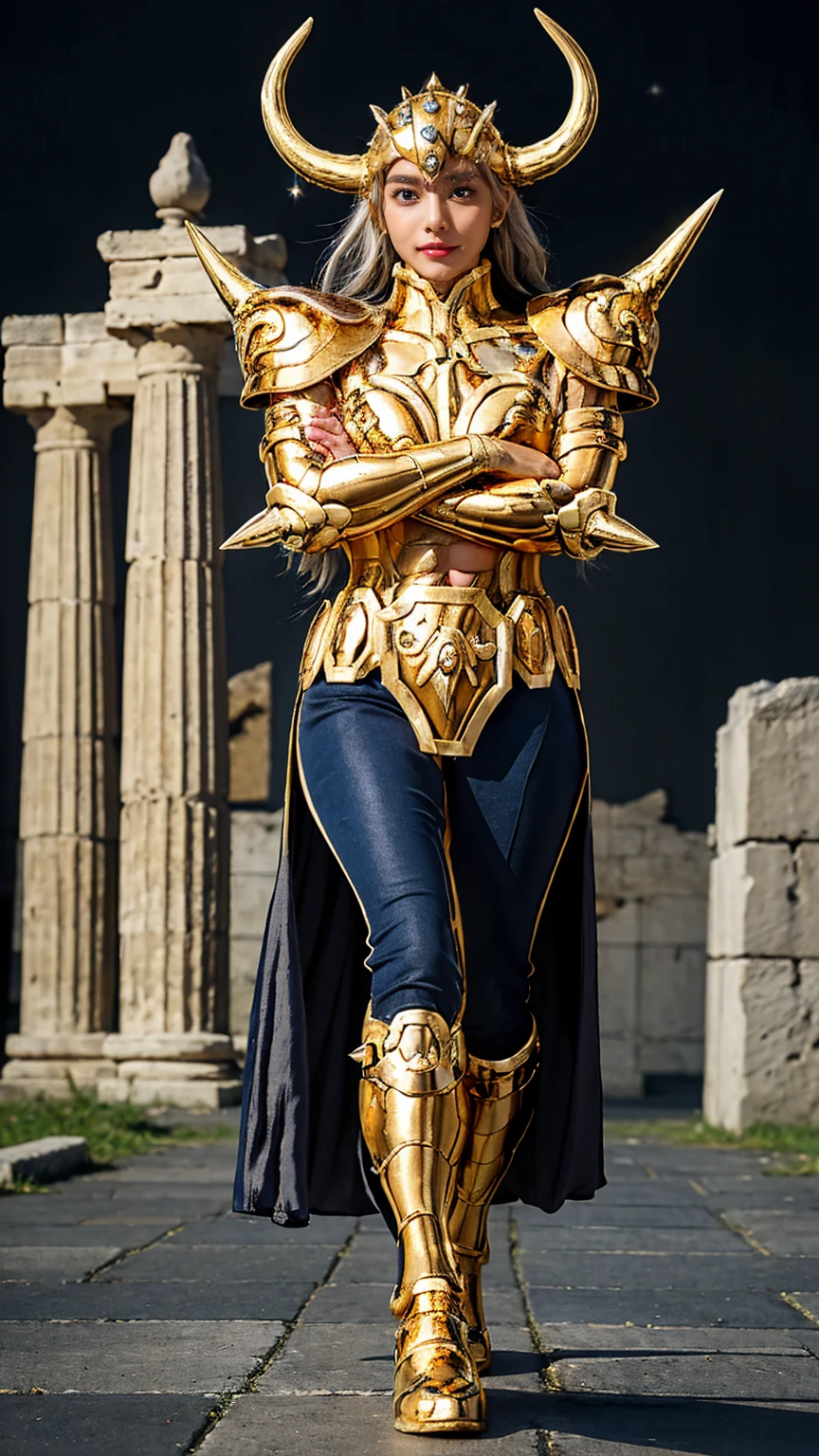 (( 1 woman )))  beautiful 女性,  ultra-realistic photo shoot with cutting-edge details, Greek ruins in the background. ( shiny shiny golden metal armor), Saint Seiya Armor, (((Cancer Armor))),  beautiful,  blue eyes,  tanned skin , Every detail,  beautiful face with details, walking at the  ancient Greek ,  ancient Greek ,  super high resolution , 8k,  Milky Way, Night Sky, (( wearing a golden horned helmet)), Sexy Armor , (Light grey colored hair ),((crossed arms )),(Spike Shoulder Armor ),((Face up shot ))