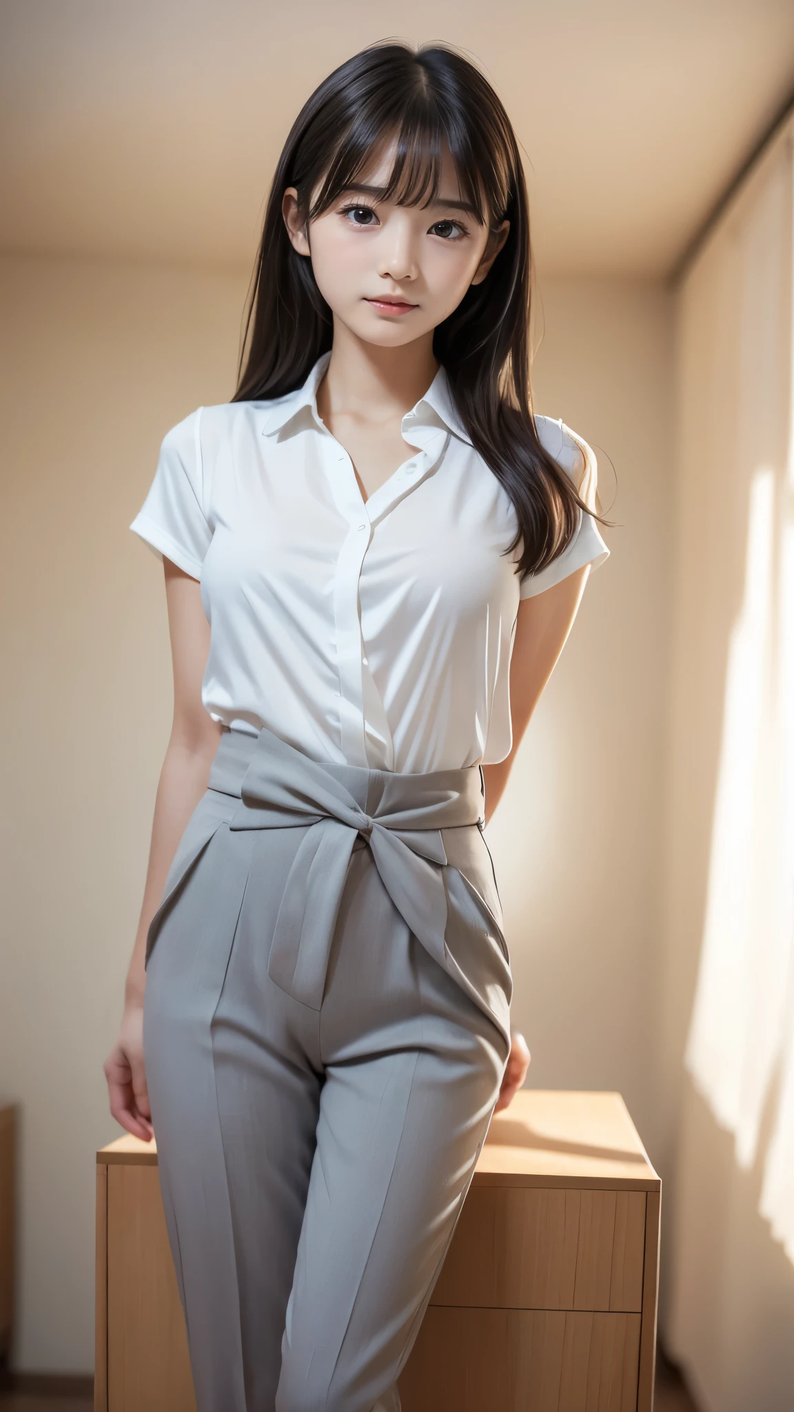 (Show the female genitals to the camera), Meeting Room, clothing,  white blouse, Grey suit pants,  small breasts, slender,  small butt,  Japanese ,  1 girl, 18 years old,  ideal body proportions,  black hair, With bangs,  small breasts,  erect nipples , slender,  small butt,  beautiful legs with tails, Thin legs,  Surrealism ,  cinematic lighting,  deep border, First Person View,  F/1.8, 135mm,  ticker, masterpiece, Curation,  anatomically accurate, textured skin,  more,  high detail,  High Quality , Awards, 最 High Quality ,  high definition , 8k, (((Super cute face,  idol face, )))