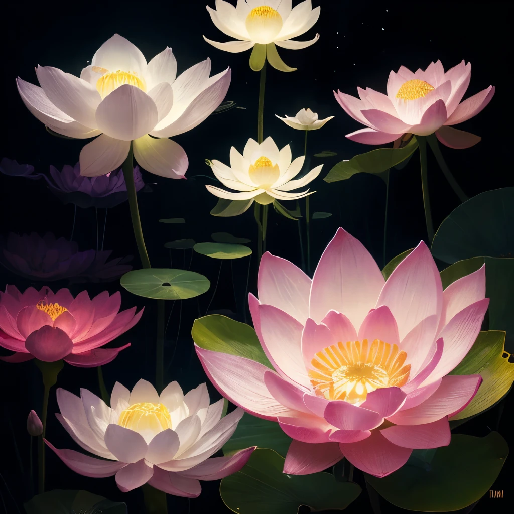 there are many white flowers that are glowing in the dark, an airbrush painting by Li Song, tumblr, psychedelic art, beautiful flowers and crystals, glowing flowers, beautiful!!! digital art, magical flowers, luminous flowers, surreal waiizi flowers, with lotus flowers, magical colorful flowers, beautiful depiction, ethereal!!! ultra realistic, glowing delicate flower, lotus flowers