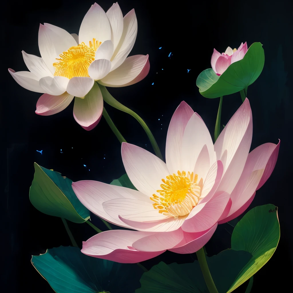 there are many white flowers that are glowing in the dark, an airbrush painting by Li Song, tumblr, psychedelic art, beautiful flowers and crystals, glowing flowers, beautiful!!! digital art, magical flowers, luminous flowers, surreal waiizi flowers, with lotus flowers, magical colorful flowers, beautiful depiction, ethereal!!! ultra realistic, glowing delicate flower, lotus flowers