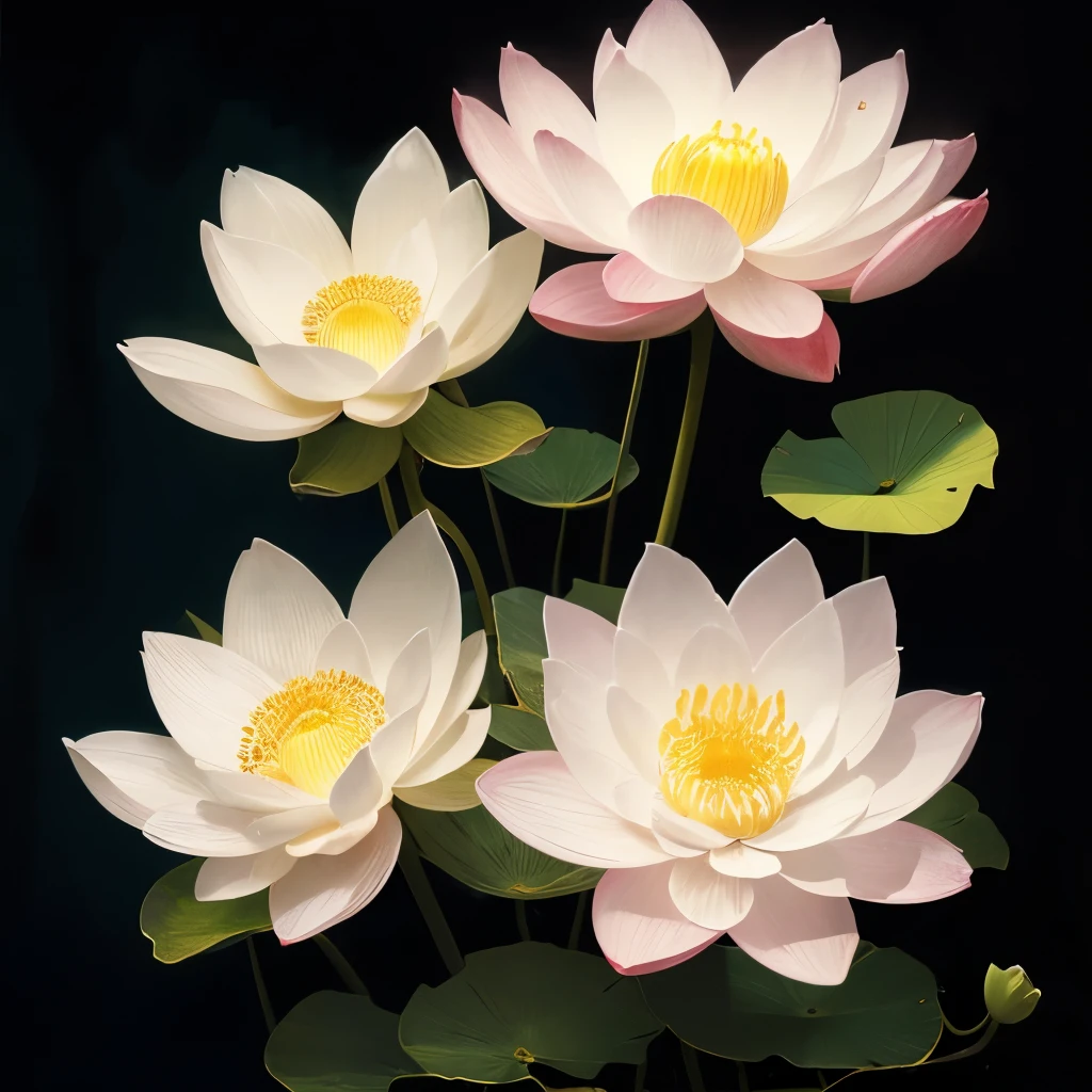 there are many white flowers that are glowing in the dark, an airbrush painting by Li Song, tumblr, psychedelic art, beautiful flowers and crystals, glowing flowers, beautiful!!! digital art, magical flowers, luminous flowers, surreal waiizi flowers, with lotus flowers, magical colorful flowers, beautiful depiction, ethereal!!! ultra realistic, glowing delicate flower, lotus flowers