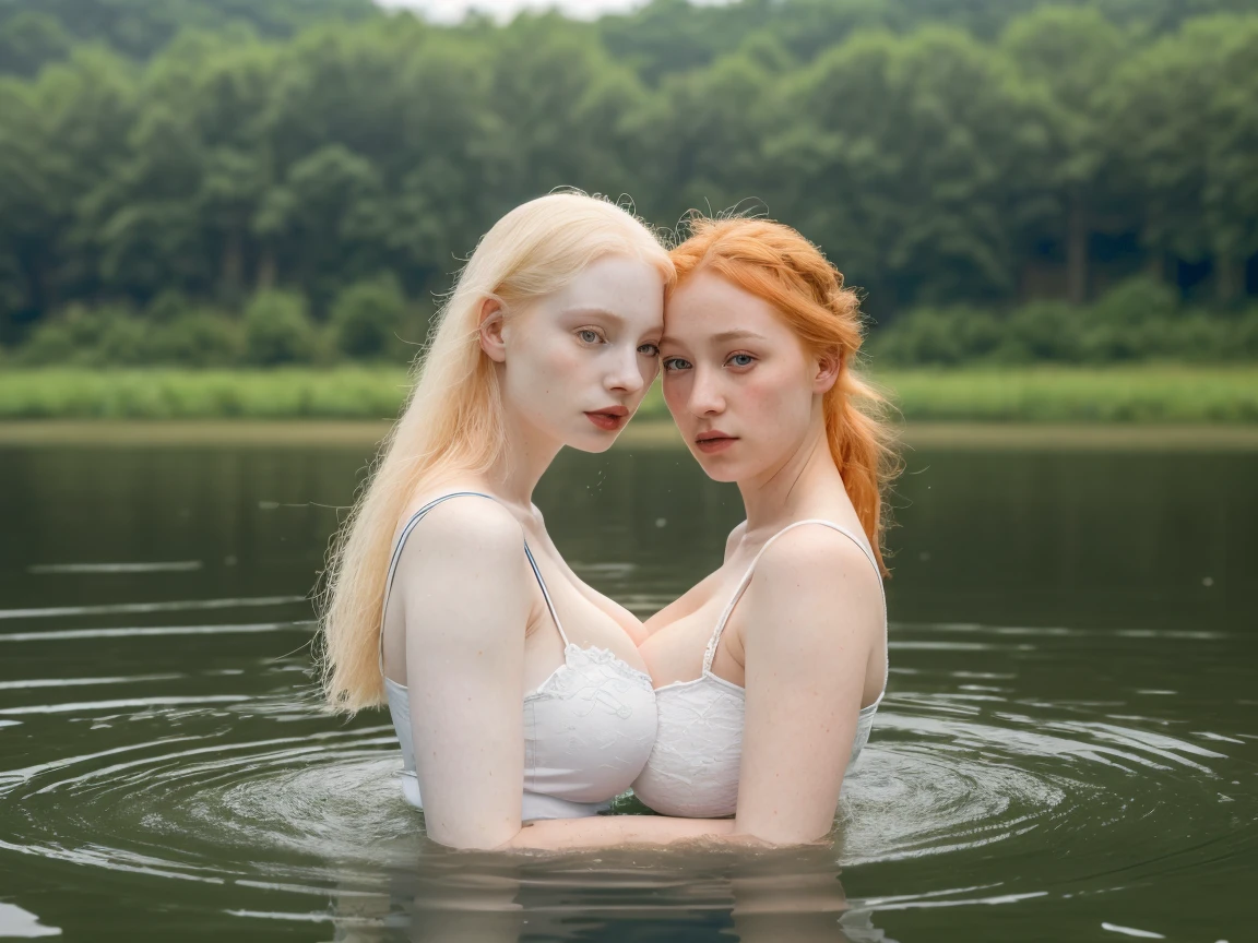 a detailed portrait of two albino beautiful pale skinned girls, (((very pale))) like Ajak Deng, beautiful detailed eyes, beautiful detailed lips, extremely detailed eyes and face, long eyelashes, young woman, swimming in lake, peaceful nature landscape, lush green foliage, warm golden hour lighting, reflections in water, hair in a bun, girls hugging each other from above view, a girl whispering into a girls, ear from behind, southern, redhead and blonde hair, sharp facial features, (((gigantic breasts:1.3))), massive cleavage, middle age dress, bokeh, Un fond immersif et éthéré, évoquant une atmosphère brumeuse et onirique. La brume douce et légère flotte dans l'air, créant des couches translucides de vapeur. Les couleurs se mélangent harmonieusement, passant de nuances pastel comme le rose pâle, le bleu ciel, et le lavande à des touches plus intenses de turquoise, de violet et de doré. La transition des teintes est fluide et subtile, avec des dégradés insaisissables qui donnent une sensation de profondeur. L'effet général est vaporeux, presque comme une aquarelle diffuse, avec des mouvements de brume qui semblent danser et s'évaporer doucement dans l'espace.