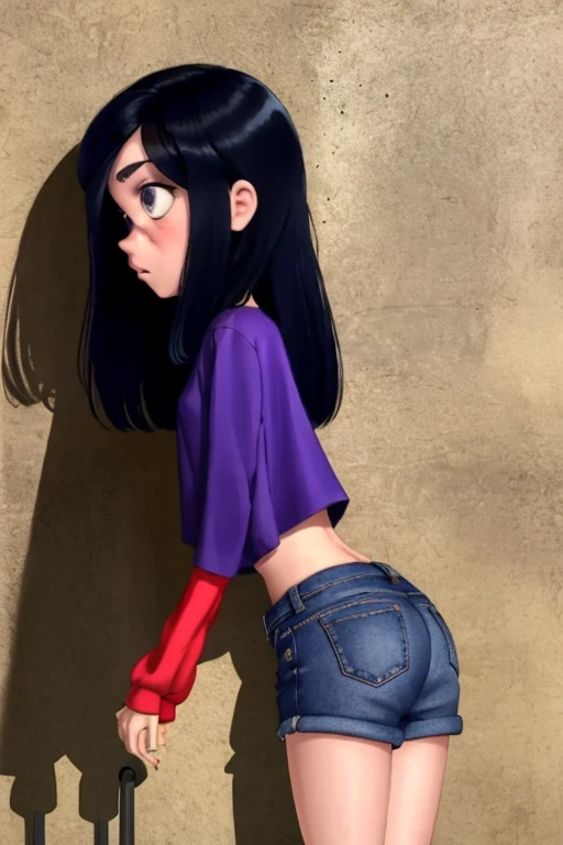 graphic novel illustration, photorealistic, full body of a beautiful young woman, long black hair, purple ????????, ?????????, bound wrists, bound ???????, bound ankles, bound knees, (?????????), nice black eyes, wearing a leather vest and a white shirt, wearing blue jean shorts with a brown belt and brown stilletto heeled boots, intricate details, cinematic lighting, amazing quality, amazing shading, soft lighting, detailed Illustration, wallpaper masterpiece, best quality, perfect hands, inside a garage, bound with natural ropes, looking at viewer, (from side)