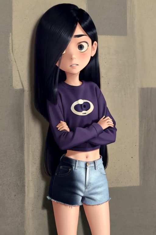 masterpiece,best quality, , 1girl, solo, VioletParr purple sweatshirt crop top, (short jean), butt, sneakers, hair over one eye, looking at viewer and face the wall, long black hair, shy, nsfw, pee