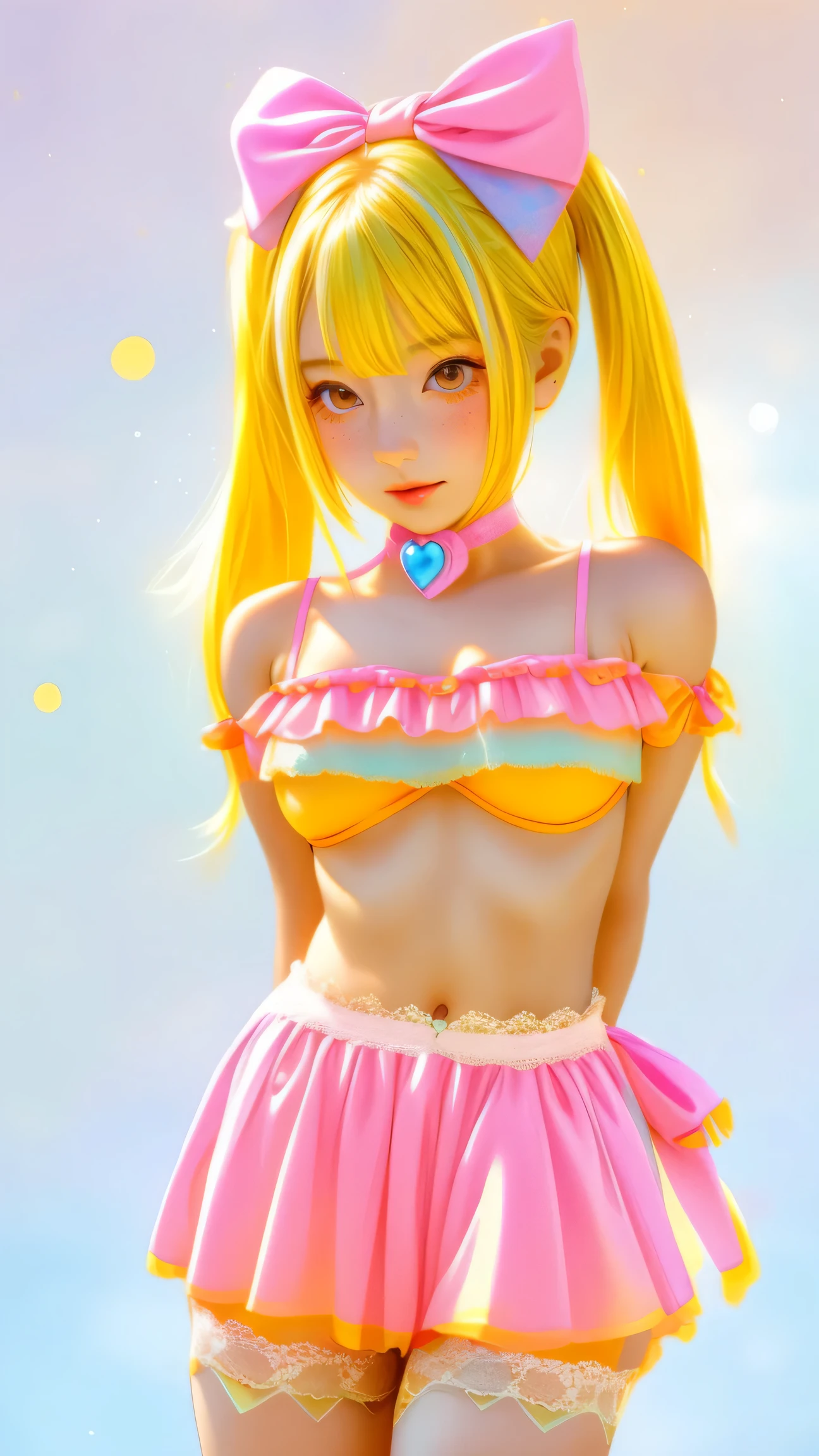 masterpiece, Highest quality, Highly detailed CG Unity 8k wallpaper, (Closeup shot of the upper body head of a beautiful girl), , Elegant long straight hair, (Mckenna Grace), (Flat Chest,Thighs), (pink yellow) Golden (Sparkly tutu,long rabbit ears headgear, , bow tie, No pants, Genitals are visible), (Spread your legs), (blush), Oilskin, (Captivating smile), (Wonderland), Pretty face, Key Art, Awards, intricate detail realism hdr, by (Luan Jia, Altgerm and Range Murata), Photorealism, Hyperrealism, Ultra-realistic, Dramatic Light, Strong Shadows, Nice views, Depth of written boundary,A clear crotch bite、Well defined nipples、Nipples are visible、Ultra high leg