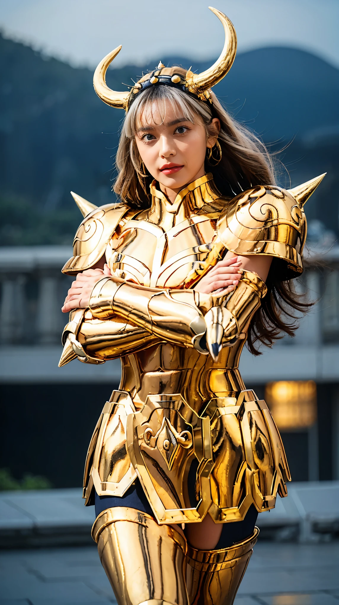 (( 1 woman ))) beautiful 女性, ultra-realistic photo shoot with cutting-edge details, Greek ruins in the background. ( shiny shiny golden metal armor), Saint Seiya Armor, (((Cancer Armor))), beautiful, blue eyes, tanned skin , Every detail, beautiful face with details, walking at the ancient Greek , ancient Greek , super high resolution , 8k, Milky Way, Night Sky, (( wearing a golden horned helmet)), Sexy Armor , (Light grey colored hair ),((crossed arms )),(Spike Shoulder Armor ),((Face up shot ))